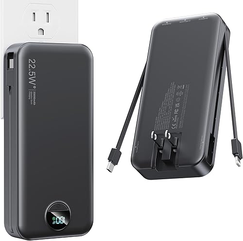 Miniatura 12 de Cargador Portátil de Carga Súper Rápida de 22.5W con Enchufe de Pared, Banco de Energía USB-C de 12000mAh con 2 Cables Integrados, Cargador de