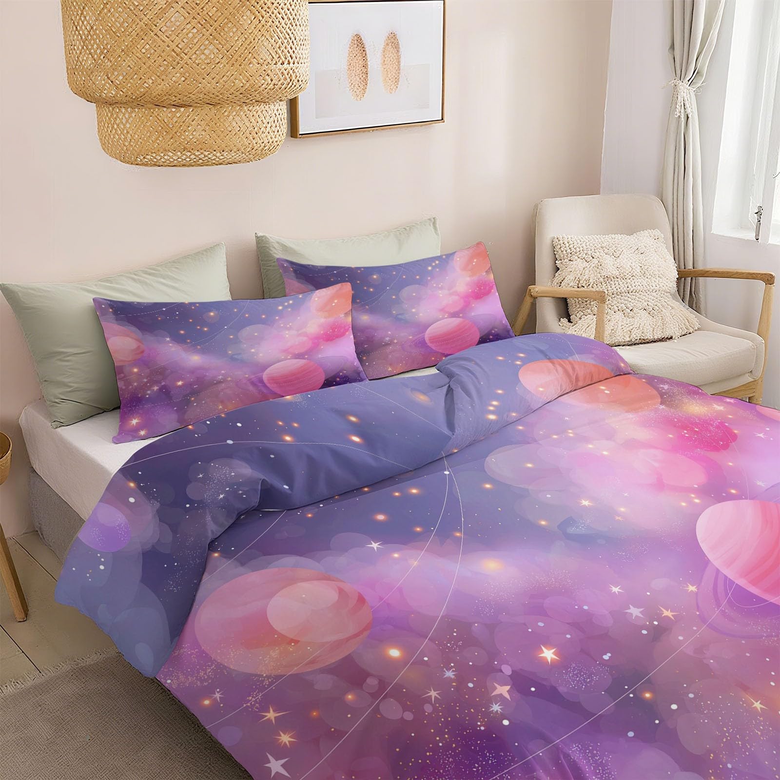 Zestaw poszewek na kołdrę fantasy kreskówka gwiaździste niebo, 260 x 220 cm, rozmiar super king, różowa, ultramiękka hipoalergiczna poszewka na kołdrę, z zapięciem na zamek błyskawiczny, na wszystkie