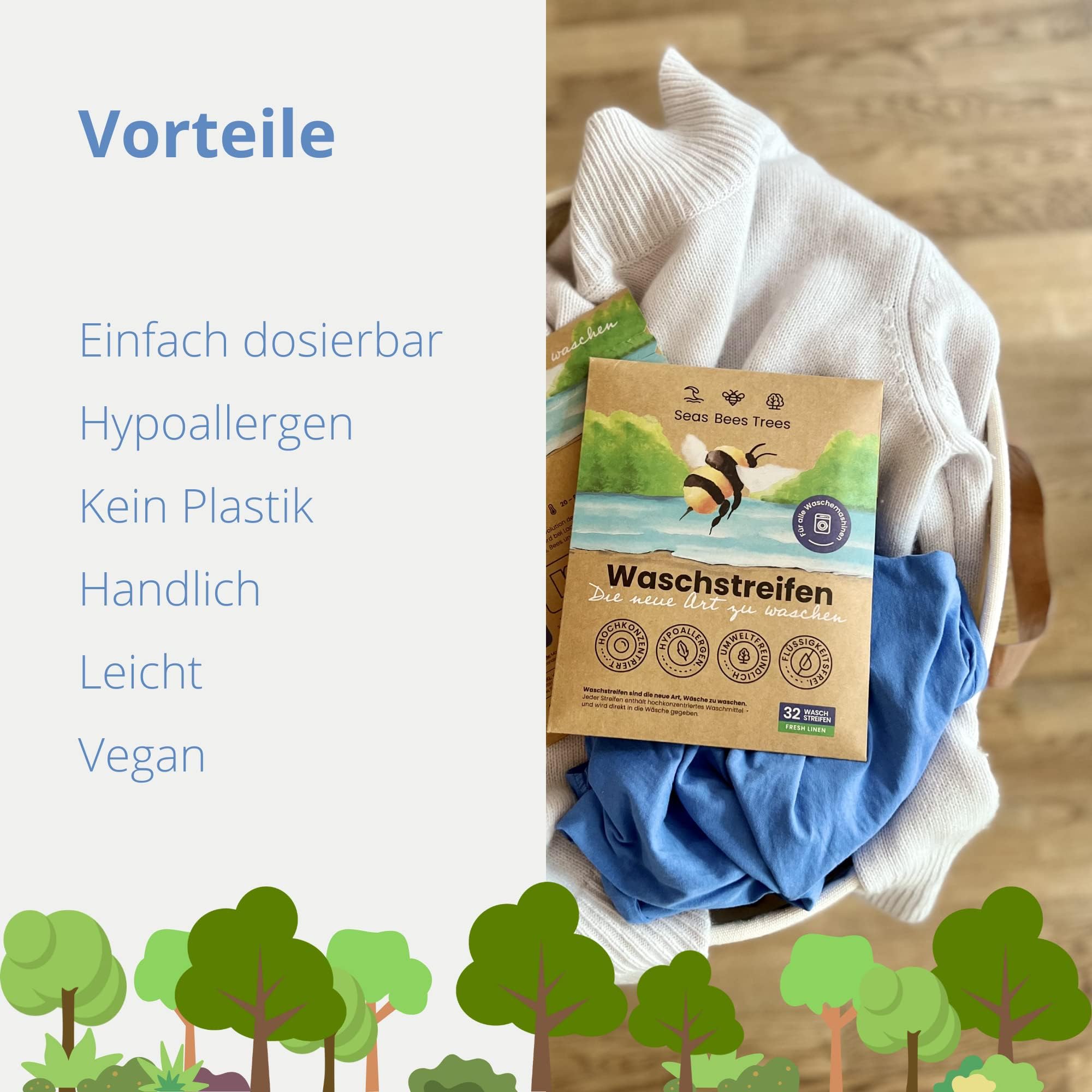 Lessive feuilles Baby Sensitive, nettoyage doux et en profondeur pour vêtements de bébé, bandes de linge durables sans parfum, pour le lavage blanc, coloré et à la main, 32 bandes