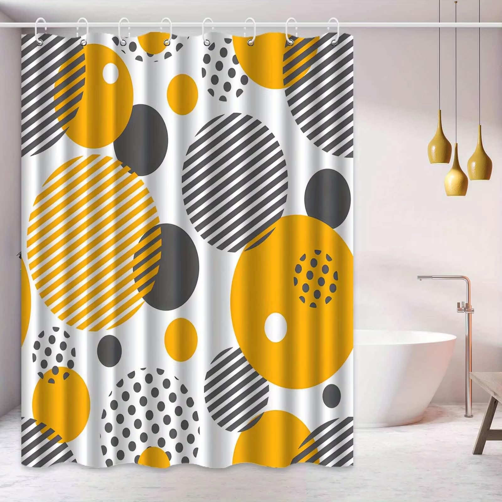 KELAIMI Pop Art Yellow and Grey Polka Dot Shower Curtain,Abstract Geometric Bathroom Curtains with Hooks,Simple Waterproof Polyester Fabric Bathtub Curtains Yellow 180X180Cm