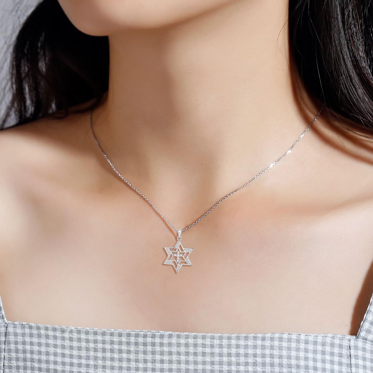 TANGPOET Collana a forma di stella di David, in argento sterling 925, con zirconia cubica, ciondolo a forma di stella di David, idea regalo per donne e ragazze, Argento sterling