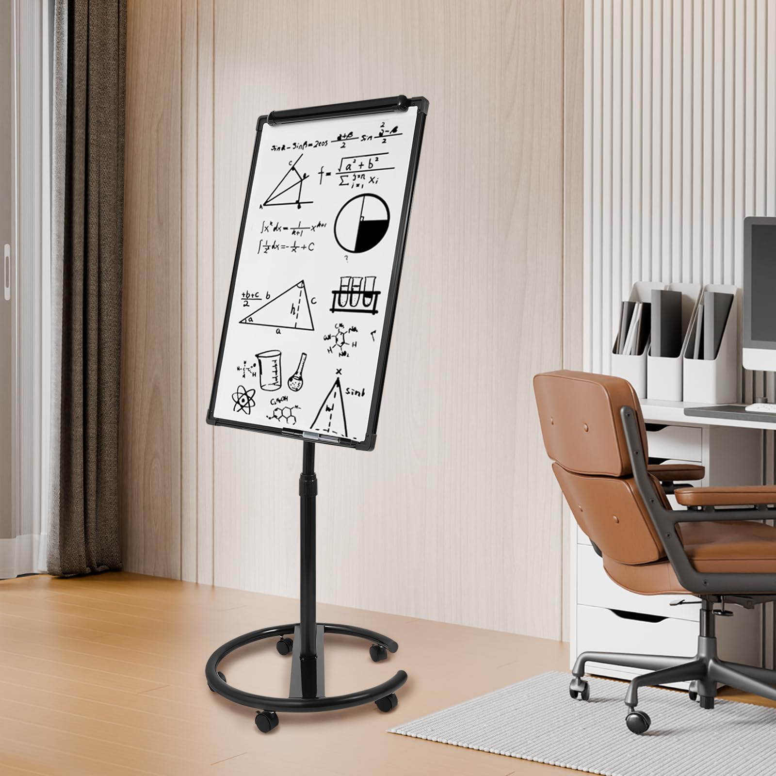 Flipchart Ständer, 90x60cm, Mobiles Whiteboard auf Rollen, Höhenverstellbar Flipchart-Tafel bis 200cm, Beschreibbar, Trocken abwischbar, magnetisch für Büro, Unterricht (Schwarz)