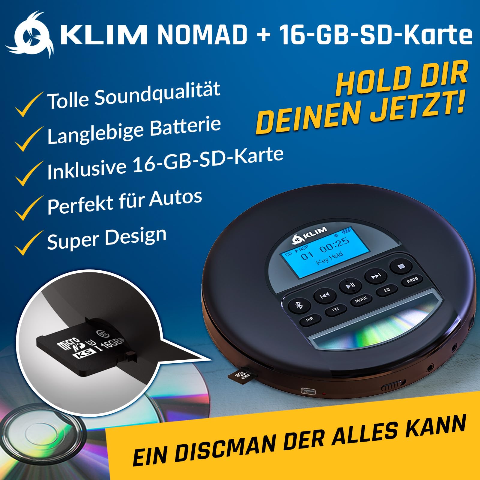 KLIM Nomad CD Player Bluetooth - Tragbarer CD-Player mit langlebigem Akku - Inklusive Kopfhörer - 16GB TF Card - CDR, CDRW, MP3 - Mit TF-Reader, Radio FM - Ideal für Autos - Portable Diskman - Schwarz