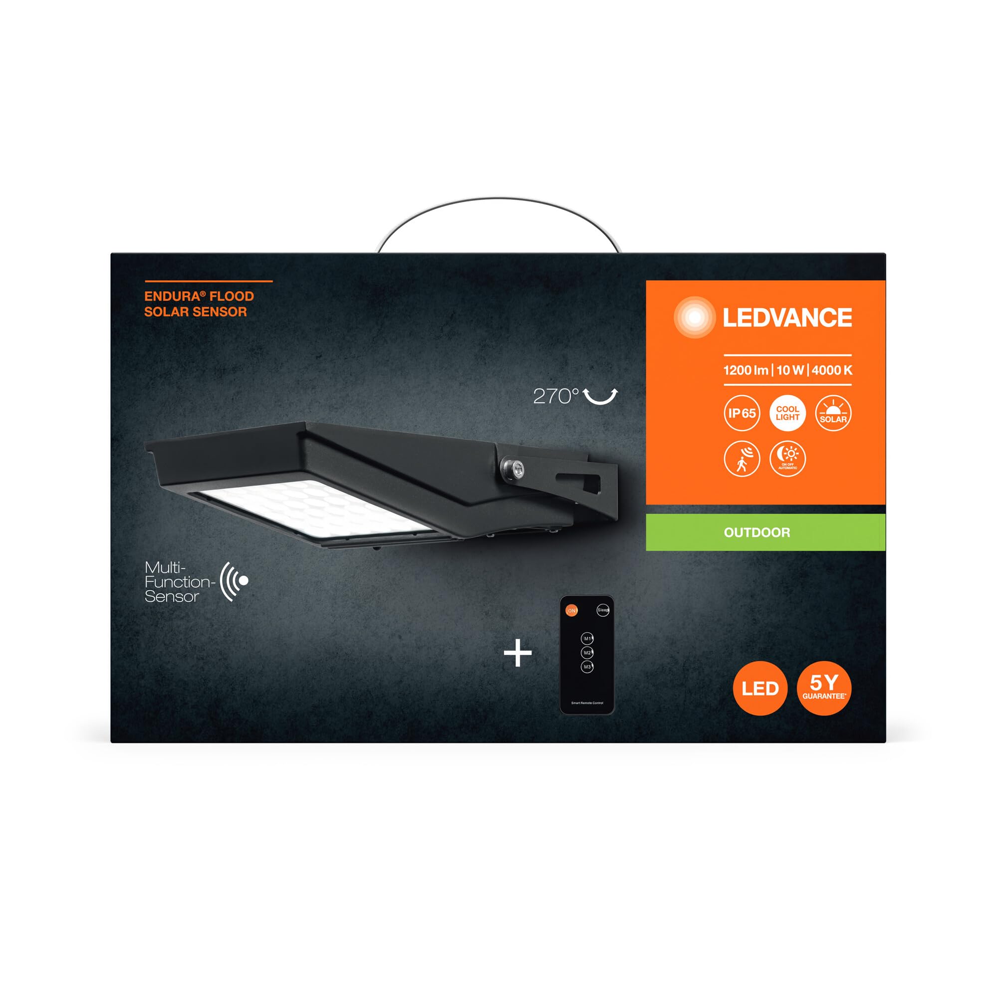 Ledvance, LEDVANCE ENDURA Flood Solar naświetlacz LED, 10 W, zasilany energią słoneczną, wbudowany czujnik, zimnobiałe światło, pilot zdalnego sterowania, baterii do 4 godzin pełnej jasności, IP65