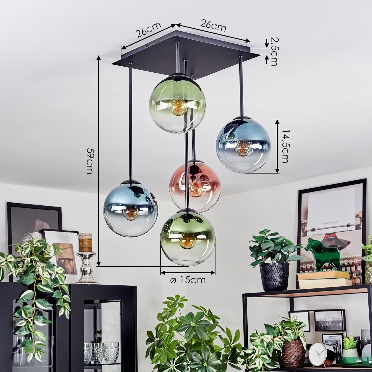 HOFSTEIN Deckenleuchte Gastor, 5-flammige Deckenlampe aus Metall/Glas in Schwarz/Blau/Grün/Kupfer/Klar, Leuchte im Retro/Vintage-Design (Schirme Ø 15 cm), E14, Esszimmer, Wohnzimmer, Schlafzimmer