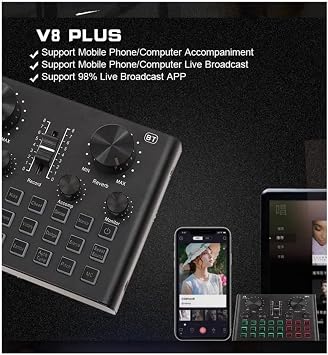 Midex VS8 PLUS Live Broadcast Sound Card Effect Radio Mixer (Phone and PC Podcast Radio Broadcasters)