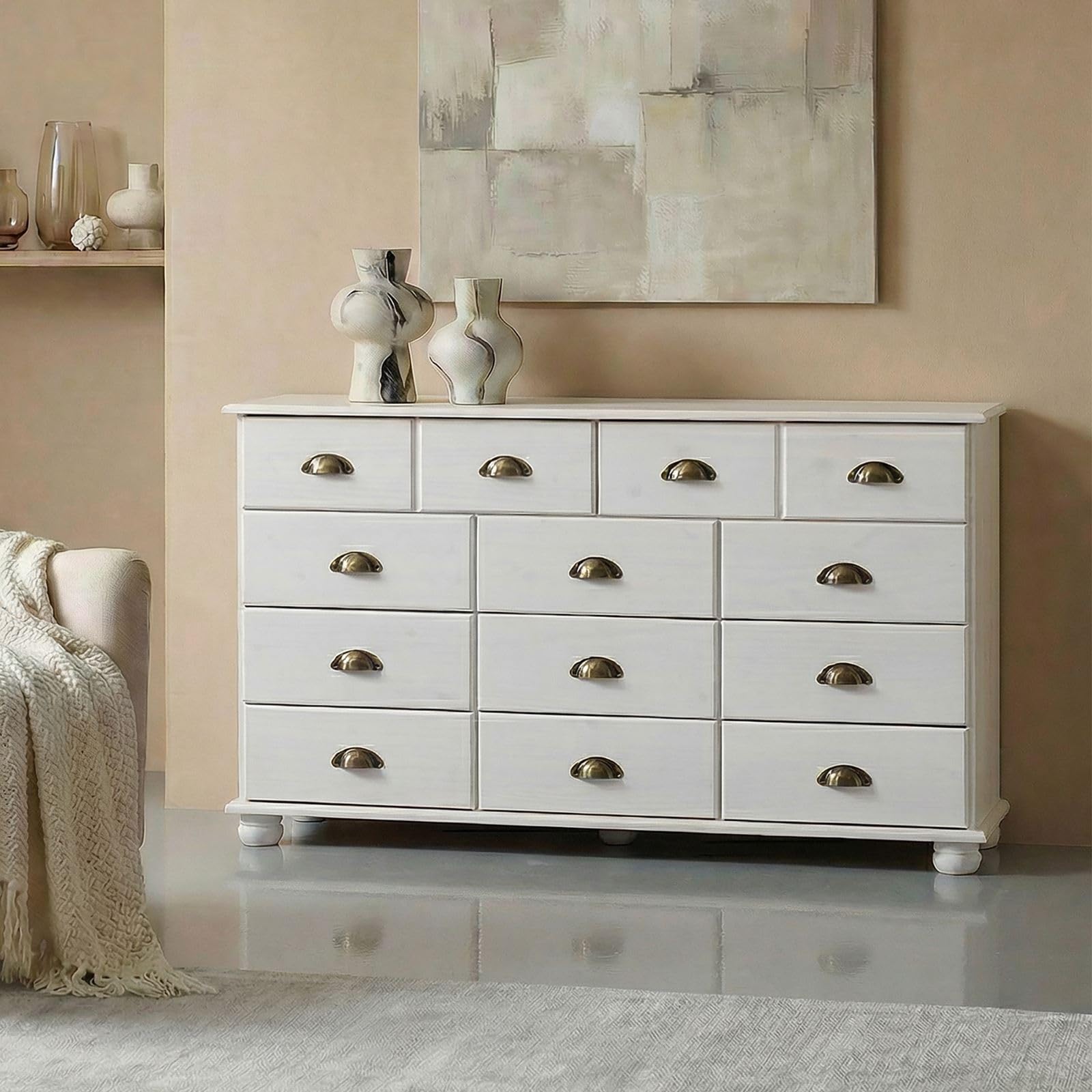 IDIMEX Schubladenschrank Colmar, Weiß - Apothekerkommode mit Muschelgriffen aus Metall. 11 Schubladen, Sideboard im Landhausstil, Kiefer Massivholz