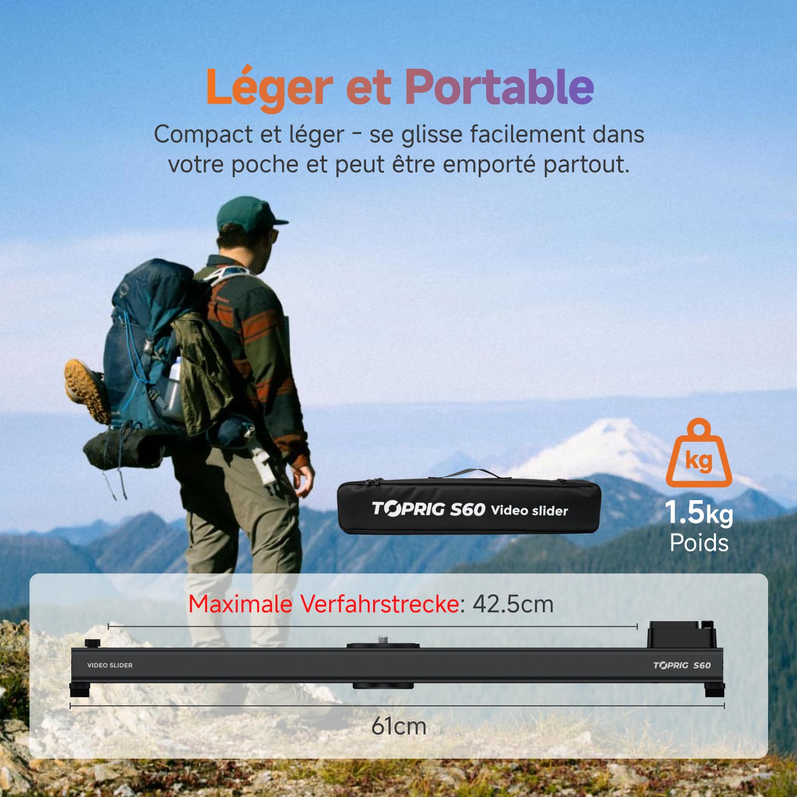 Toprig 23.6"/60cm Slider Motorisé pour Appareil Photo – Rail de Caméra avec Moteur sans Balais, Contrôle Bluetooth, Time-Lapse, Points A/B, Charge 4kg, Silencieux – pour Vidéo Professionnelle, Cinéma