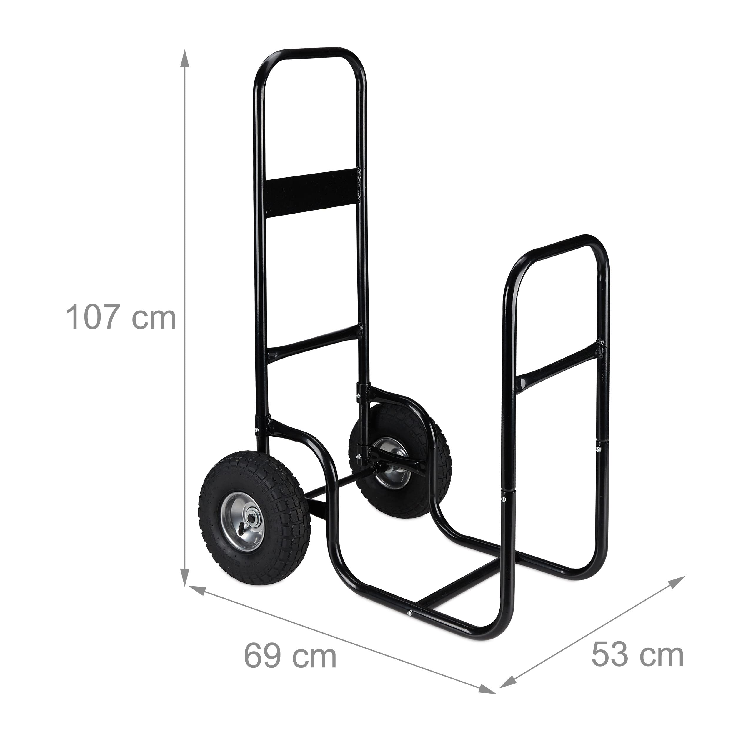 Relaxdays Carro Leña con Ruedas, Carrito Leñero, Portaleños Acero, hasta 60kg, para Transportar y Almacenar Leños, Negro