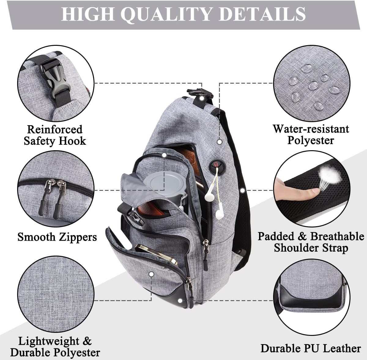 VASCHY Sling Bag for Men Women, One Strap Over the Shoulder Cross Body Backpack Chest Bag for Hiking/Travel/Outdoor