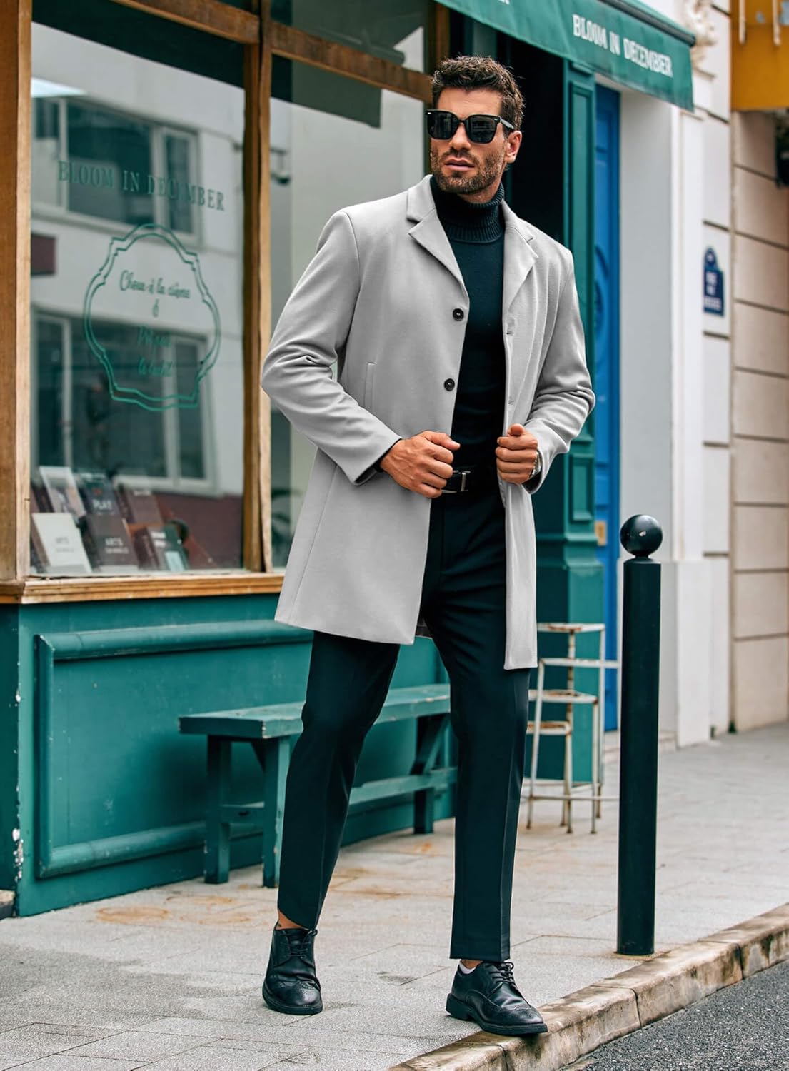 PASLTER Mens Mid Long Trench Coat Slim Fit Winter Pea Coat Single Breasted Business Overcoat - Image 4