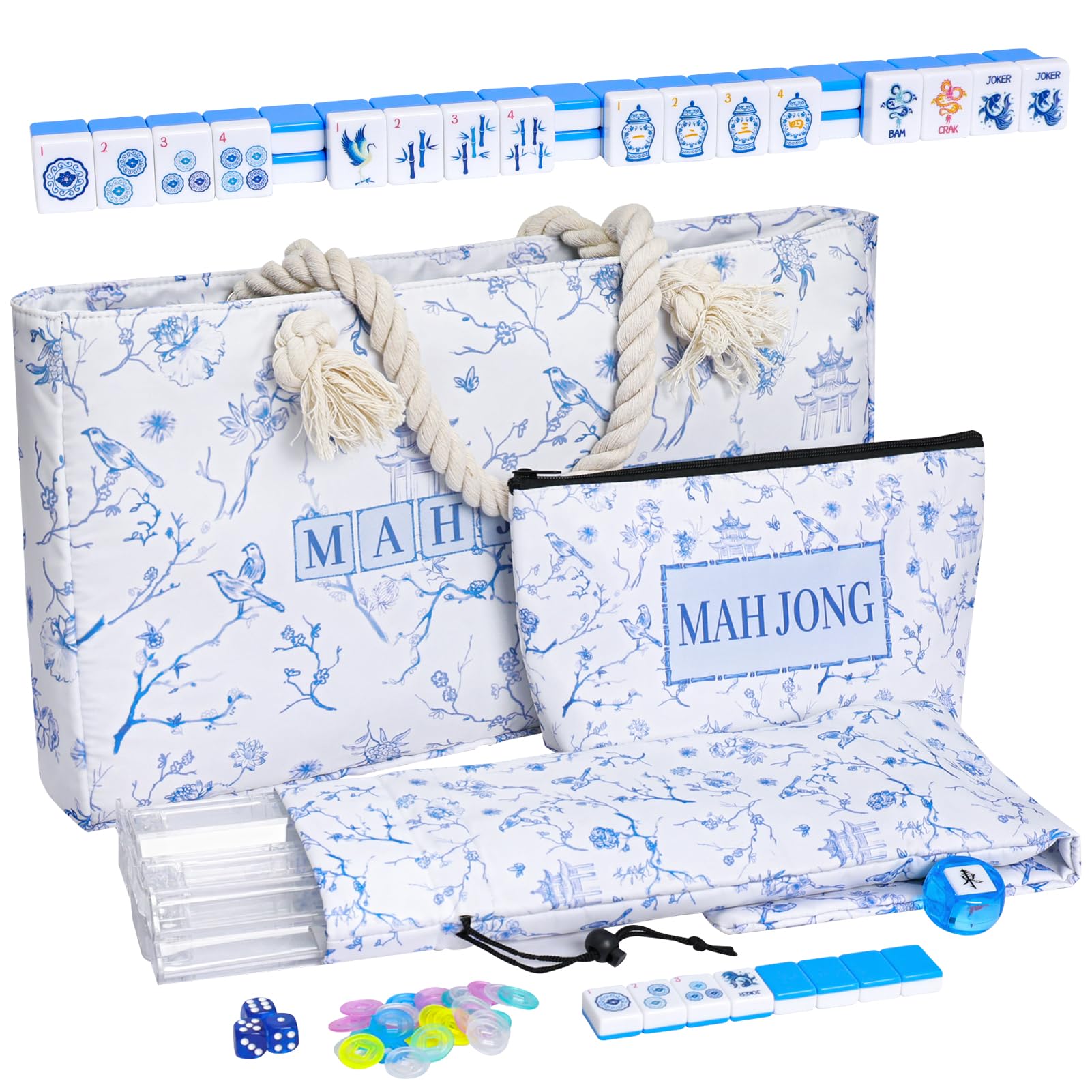Photo 1 of TIASUSAN American Mahjong Tile Set with160 Engraved Mahjong Tiles(1.2", Light Blue), Mahjong Bag, Racks and Accessories.