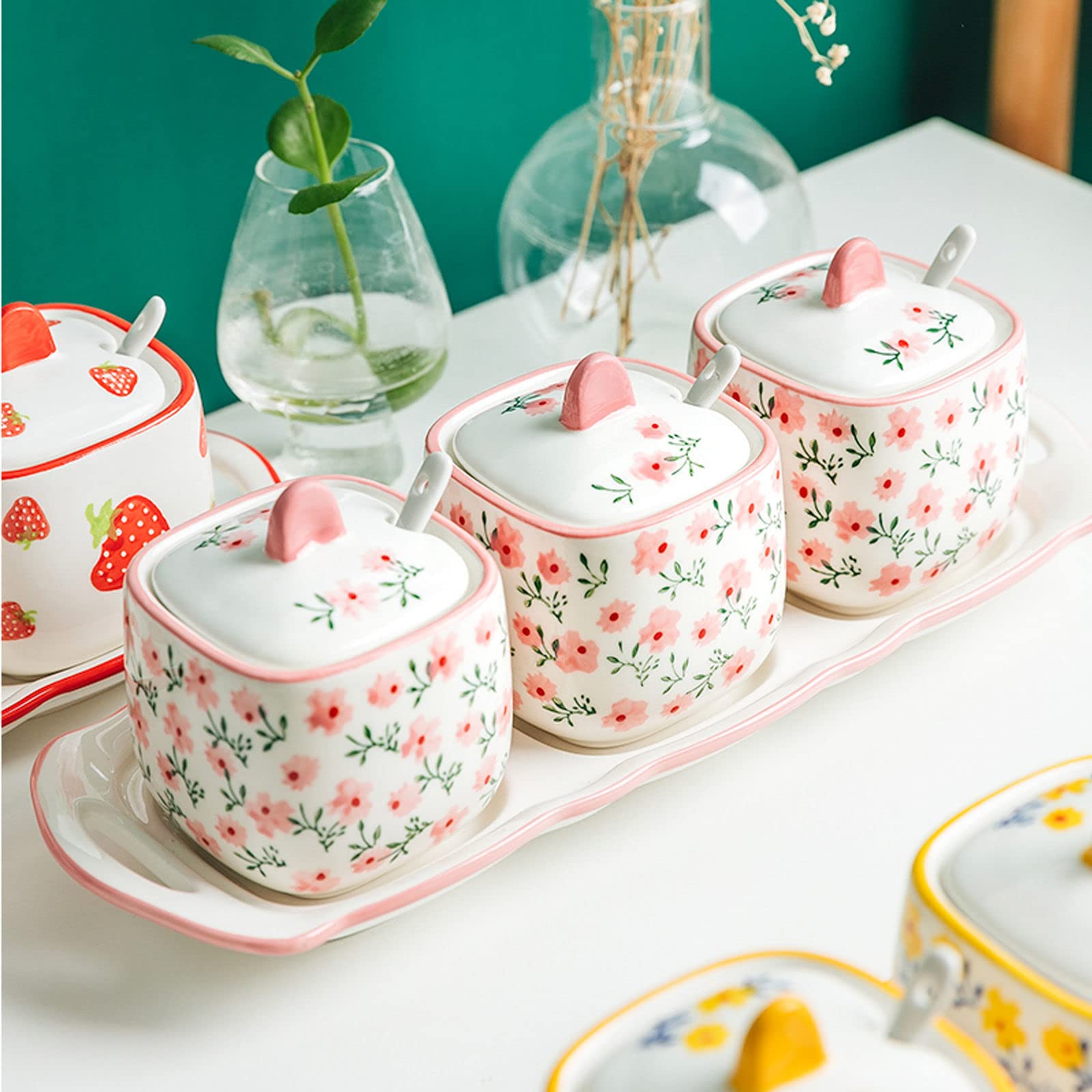 Tarro de especias de porcelana, azucarero, azucarero con patrón dibujado a mano con tapa, azucarero con forma de taza de té de cerámica, accesorios de café, vertedor de azúcar, almacenamiento de cocin