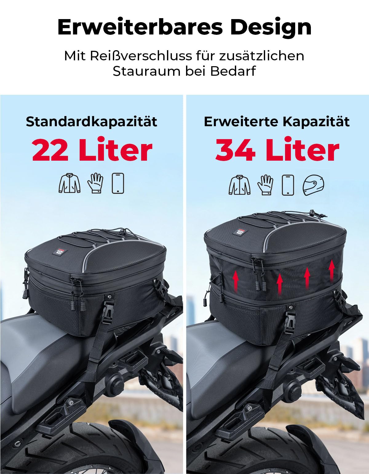 KEMIMOTO 2 IN 1 Motorrad Tasche 22-34L mit Kühlfunktion, wasserdichte Motorrad Hecktasche, Große Kapazität, Erweiterbare Satteltasche, Gepäckträgertasche, 10L Isoliertasche