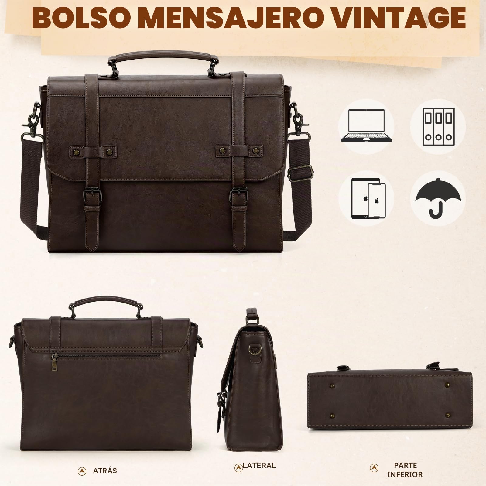 RAINSMORE Bolso Hombre Bandolera Maletin Portatil 17,3 Pulgadas Maletín Ordenado Cuero PU Bolsa de Mensajero Impermeable Maletín de Trabajo Ejecutivo Negocios Café