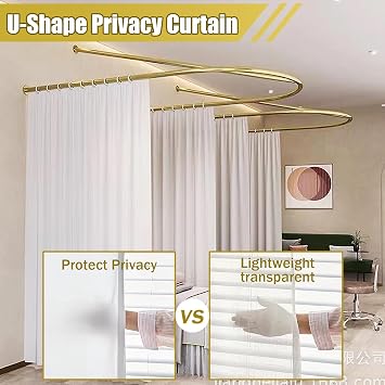 U-Shape Privacy Curtain Room Divider, Metal Support Wall Mounted Curtains, Modern Area Separator Screen, Gold Rod, for Hospitals, SPA, Beauty Salons, Fitting Room,Blue,47in