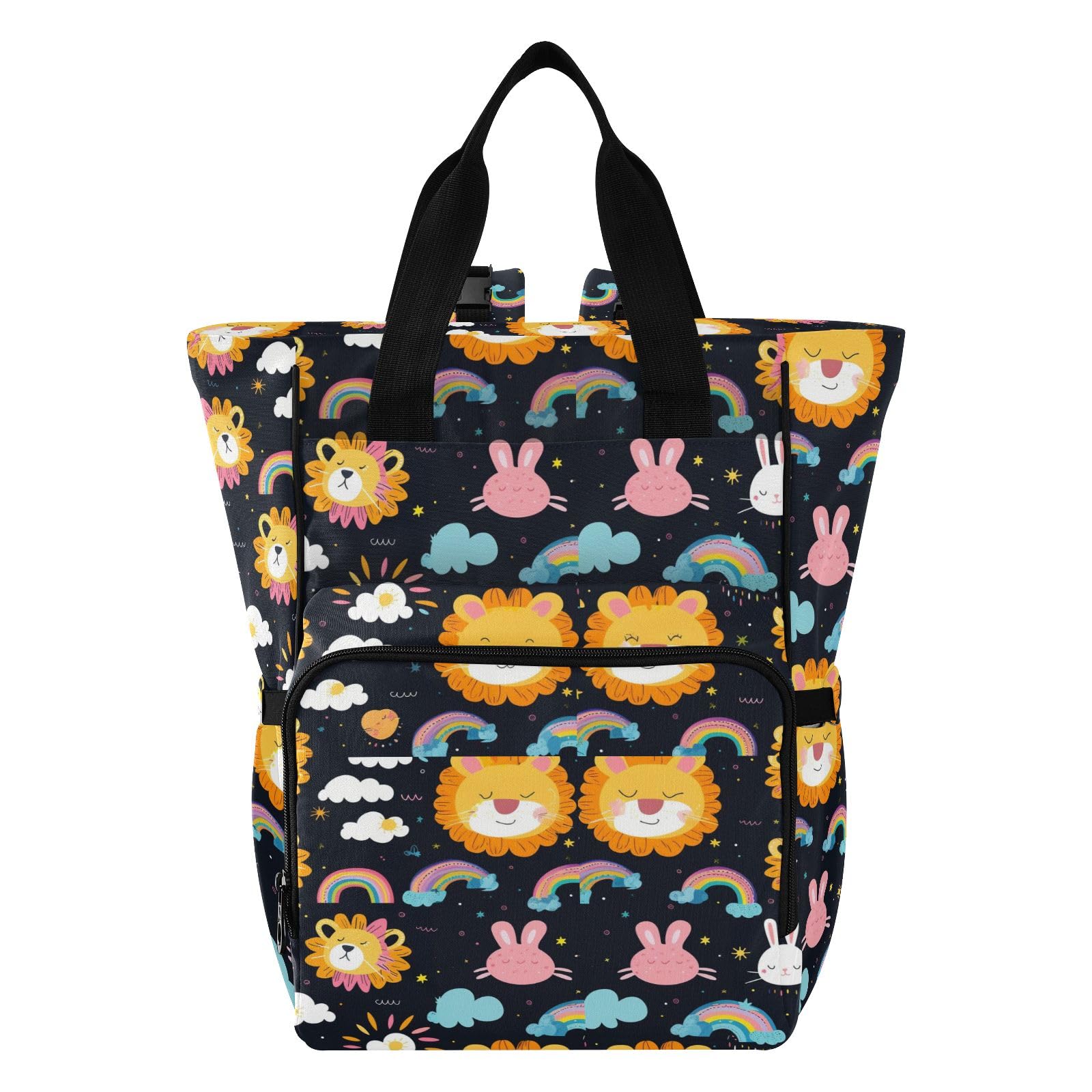 Mnsruu Borsa per pannolini per bambini, con coniglio, arcobaleno, leone, grande, impermeabile, da viaggio, per mamme e papà