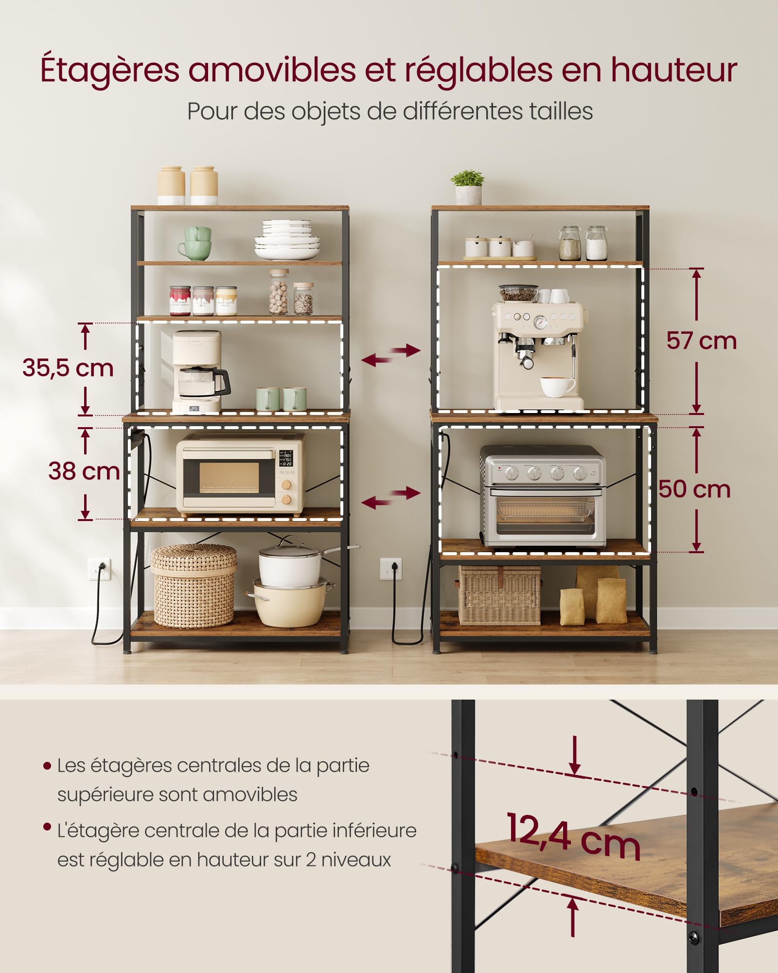 VASAGLE Étagère de Cuisine avec Multiprise, Étagère pour Machine à Café, 6 Étagères, 6 Crochets, pour Four à Micro-Ondes, Cadre en Acier, 40 x 80 x 167 cm, Marron Rustique et Noir d'encre KKS119K06