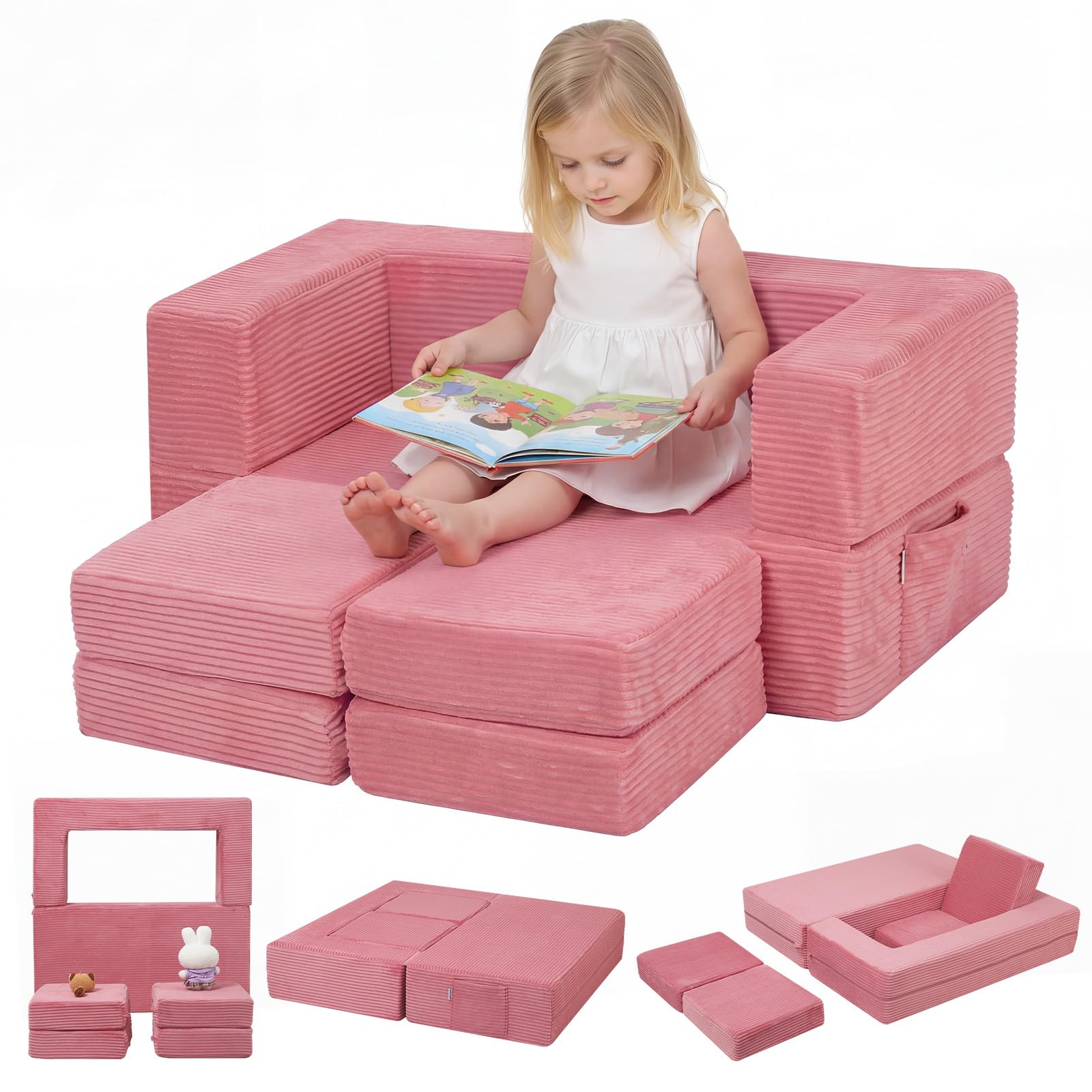 MeMoreCool Divano per bambini in velluto a coste, pieghevole in gommapiuma, mini divano modulare per cameretta e camera da letto, rosa