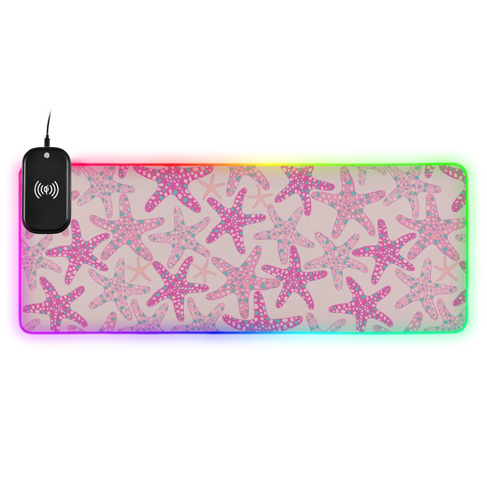 Pink Starfish Wireless Charging Mouse Pad for Mobile Phone Extra Large Gaming Mousepad with 13 Lighting Modes Computer Mat for Gaming MacBook PC Laptop Desk Office Home