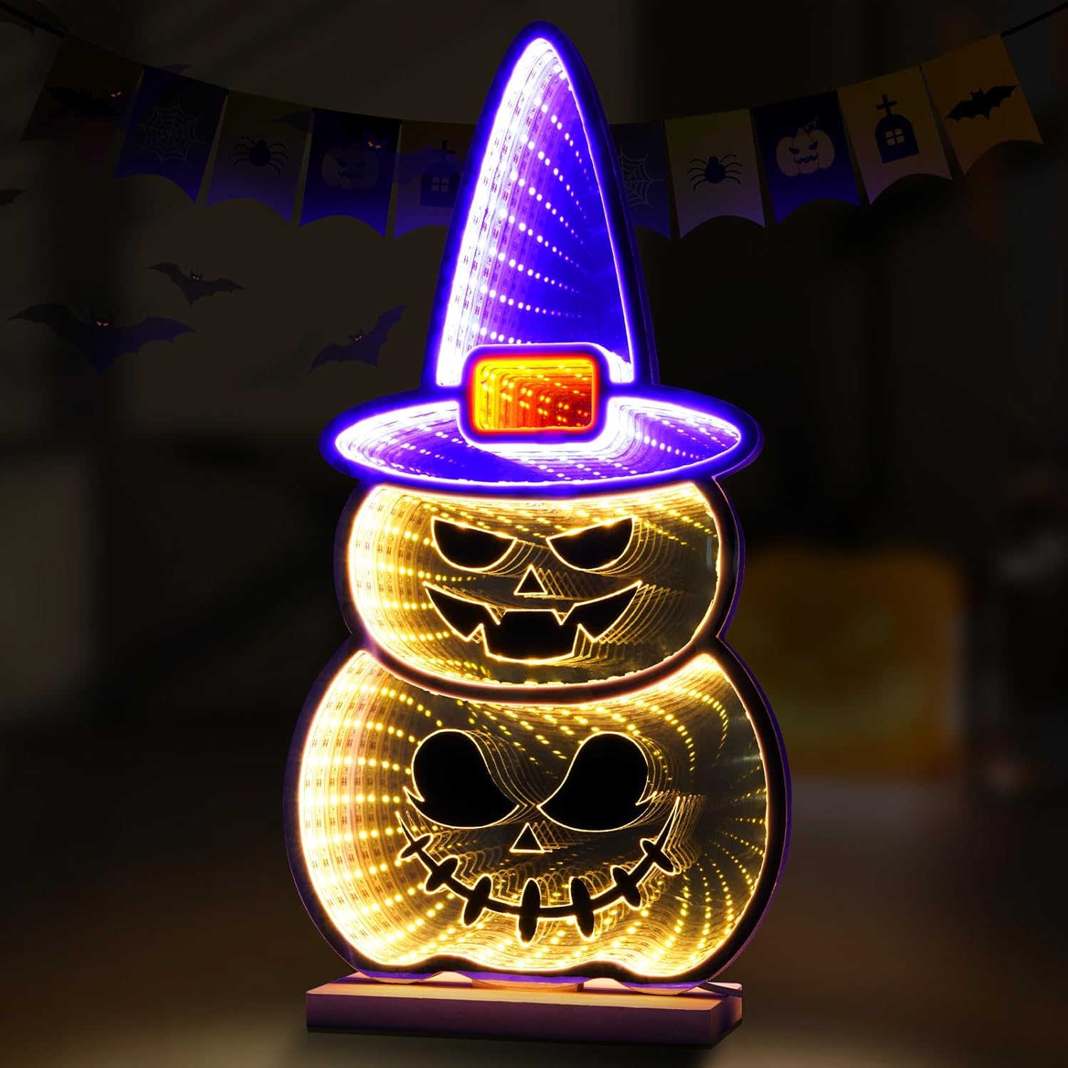 Halloween Pumpkin Infinity Mirror Lights, 16 * 8inch Pumpkin LED Infinity Night Light, 3D Jack O Lantern Infinity Lamp USB Powered for Room Table Mantel Halloween Decorations