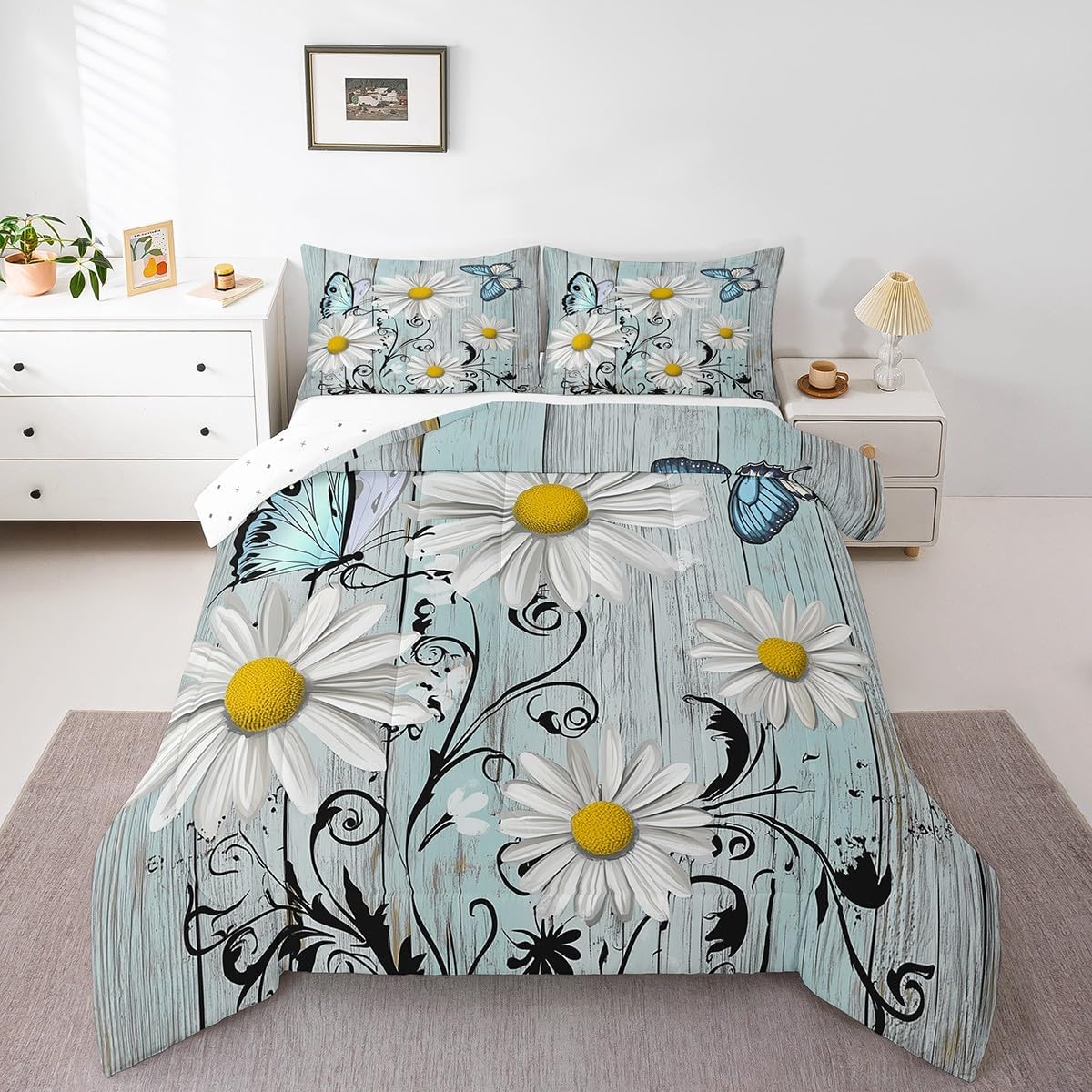 Erosebridal Daisy Floral Comforter Set, Farmhouse Country Bedding Set Cute Butterfly Quilted Duvet Old Barn Door Rustic Branches Down Comforter 3 Pcs with 2 Pillow Cases, Teal and Grey(Queen Size)