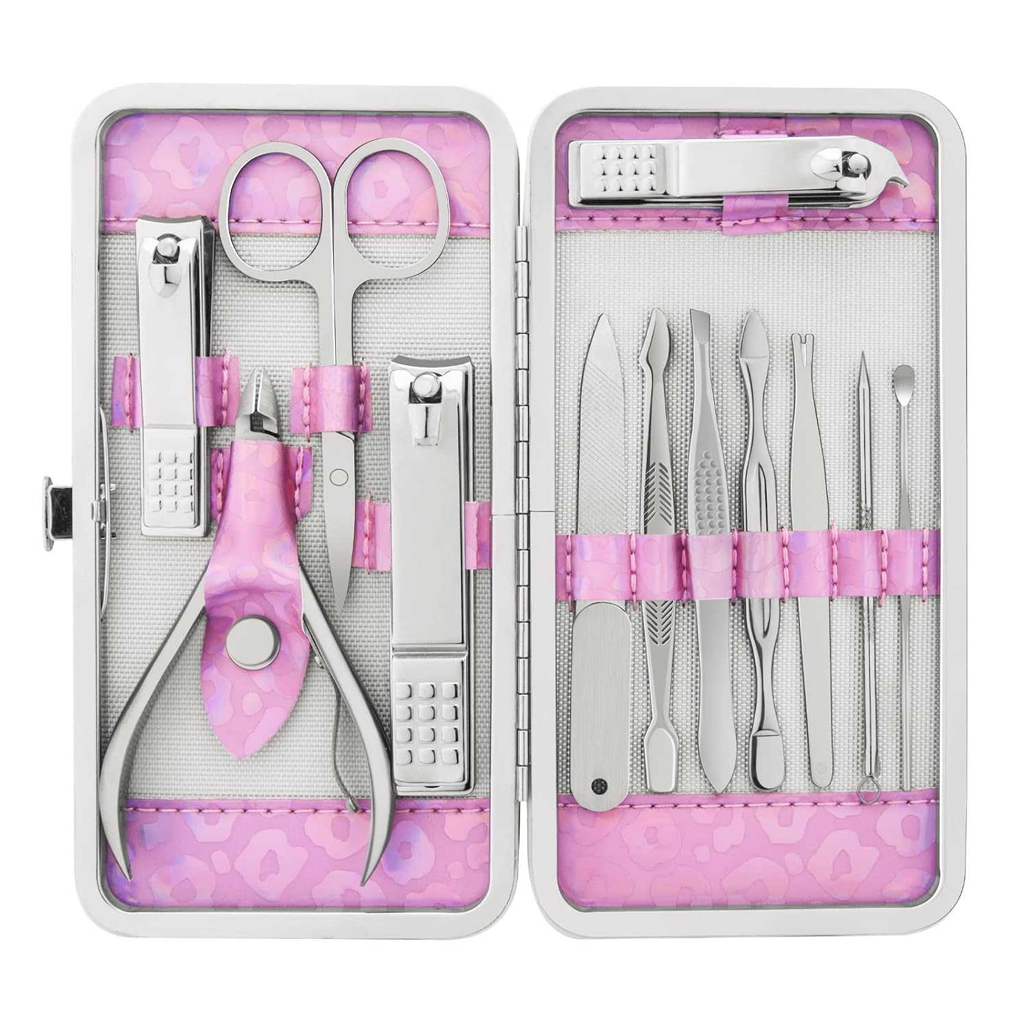 CGBE Manicure Set Nail Clippers Pedicure Kit Men Women Grooming kit Manicure Professional Tools Gift with Luxurious Travel Case (Pink-Silver)