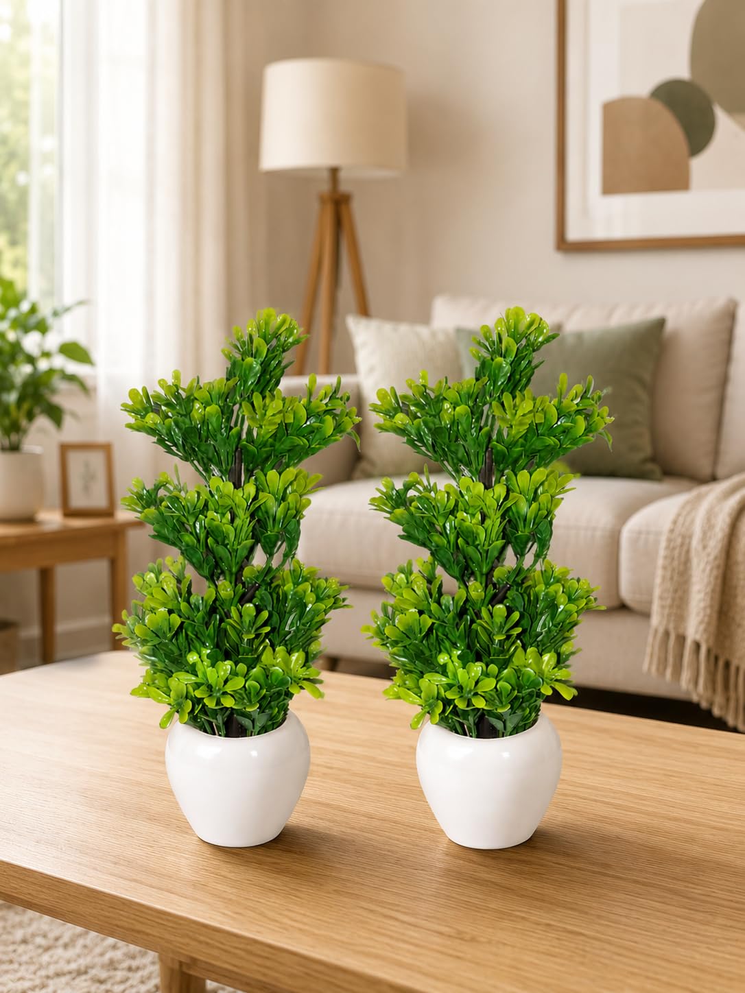 Pack of 2 Artificial Green Topiary Plant with White Artificial Pot | Home & Office Table Decor | Maintenance Free Decorative Plant (21 cm x 11 cm)-image-3