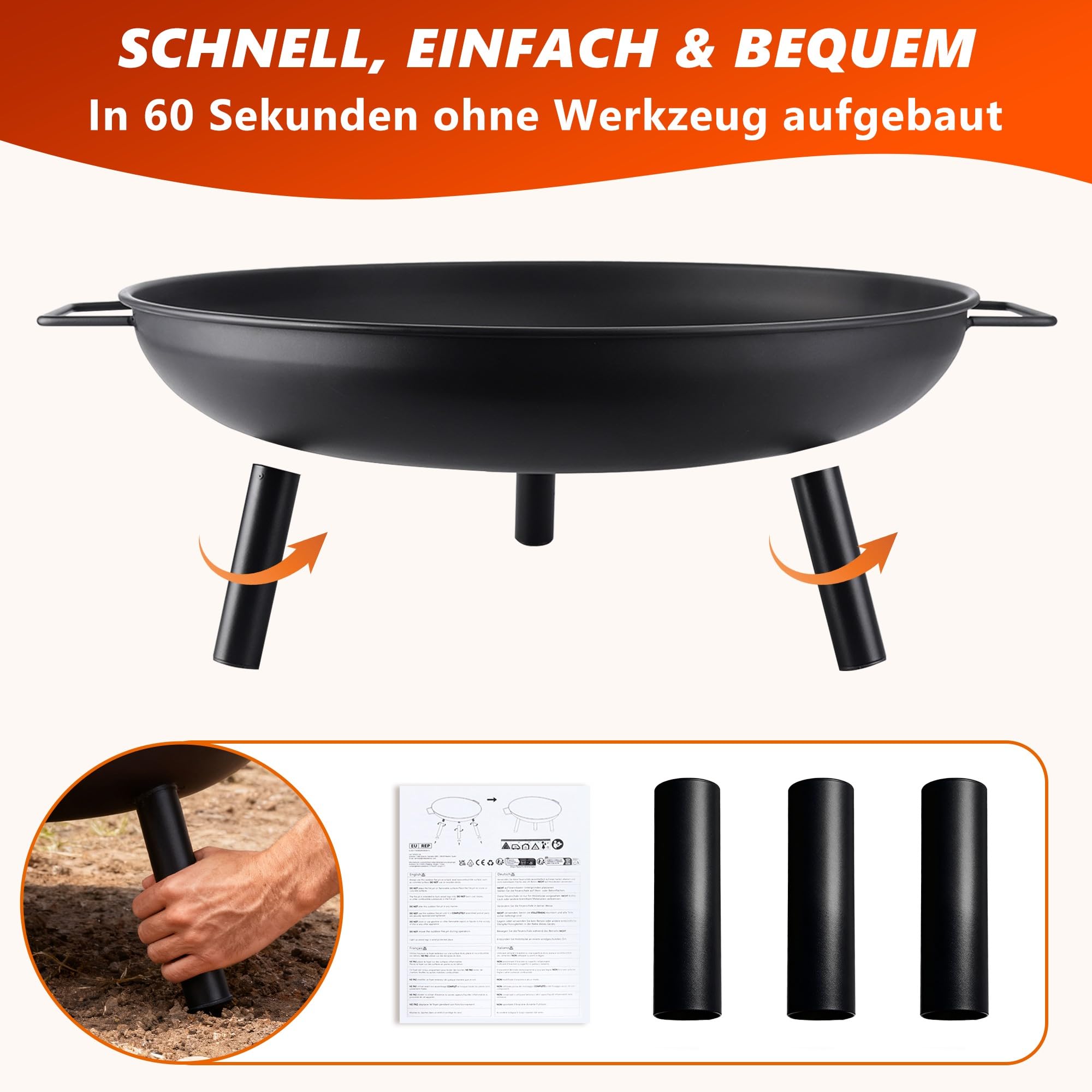 Feuerschale Feuerschalen für den Garten - Feuerstelle Ø 58 cm mit 43 cm Schürhaken - Feuerkorb mit 2 Tragegriffen für Lagerfeuer Garten & Terrasse - 2 Jahre Garantie (Ø 58 cm)