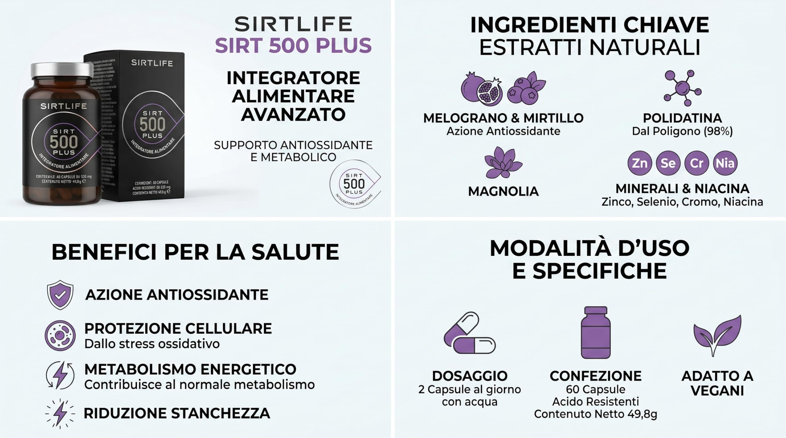 SIRT500 Plus, integratore alimentare naturale attivatore di Sirtuine, migliora il metabolismo e rallenta l’invecchiamento. 60 capsule