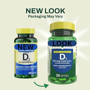 Vitamin D3 125 mcg (5,000 IU) | Bone & Immune Health | 250 Softgels | Pack of 1 + complimentary Vitamin and Minerals Guide