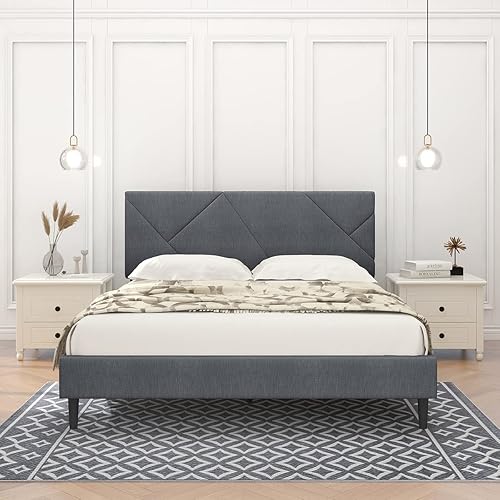 Miniatura 8 de Moderna base de cama tapizada de lino con cabecera capitoné, soporte de listones de madera, base de colchón, no necesita somier, marco de cama Beige