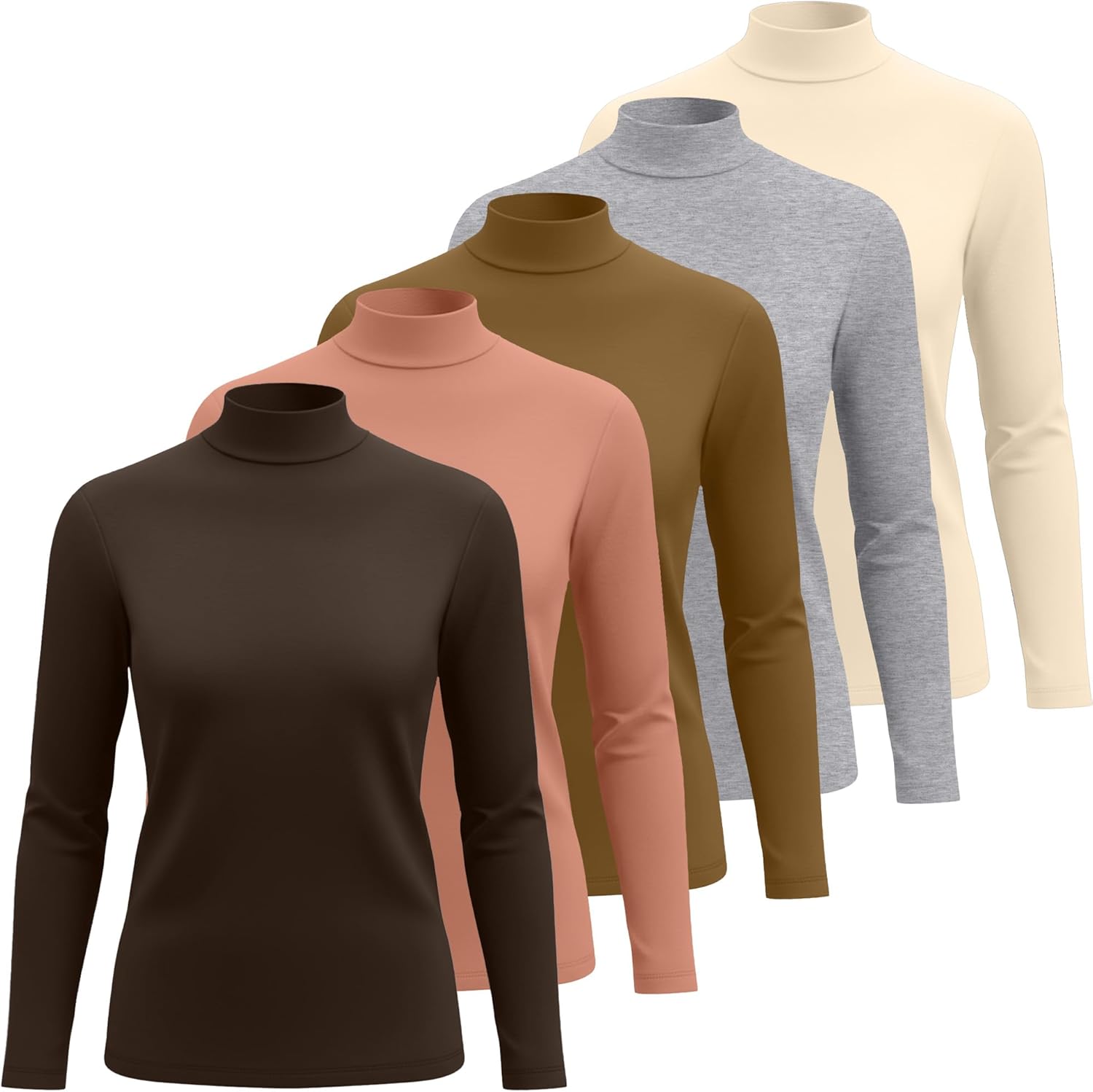 5 Pack Women's Cotton Mock Turtleneck Long Sleeve T-Shirts, Basic Tops Slim Fitted Stretch Underwear Layer Tee - Image 3