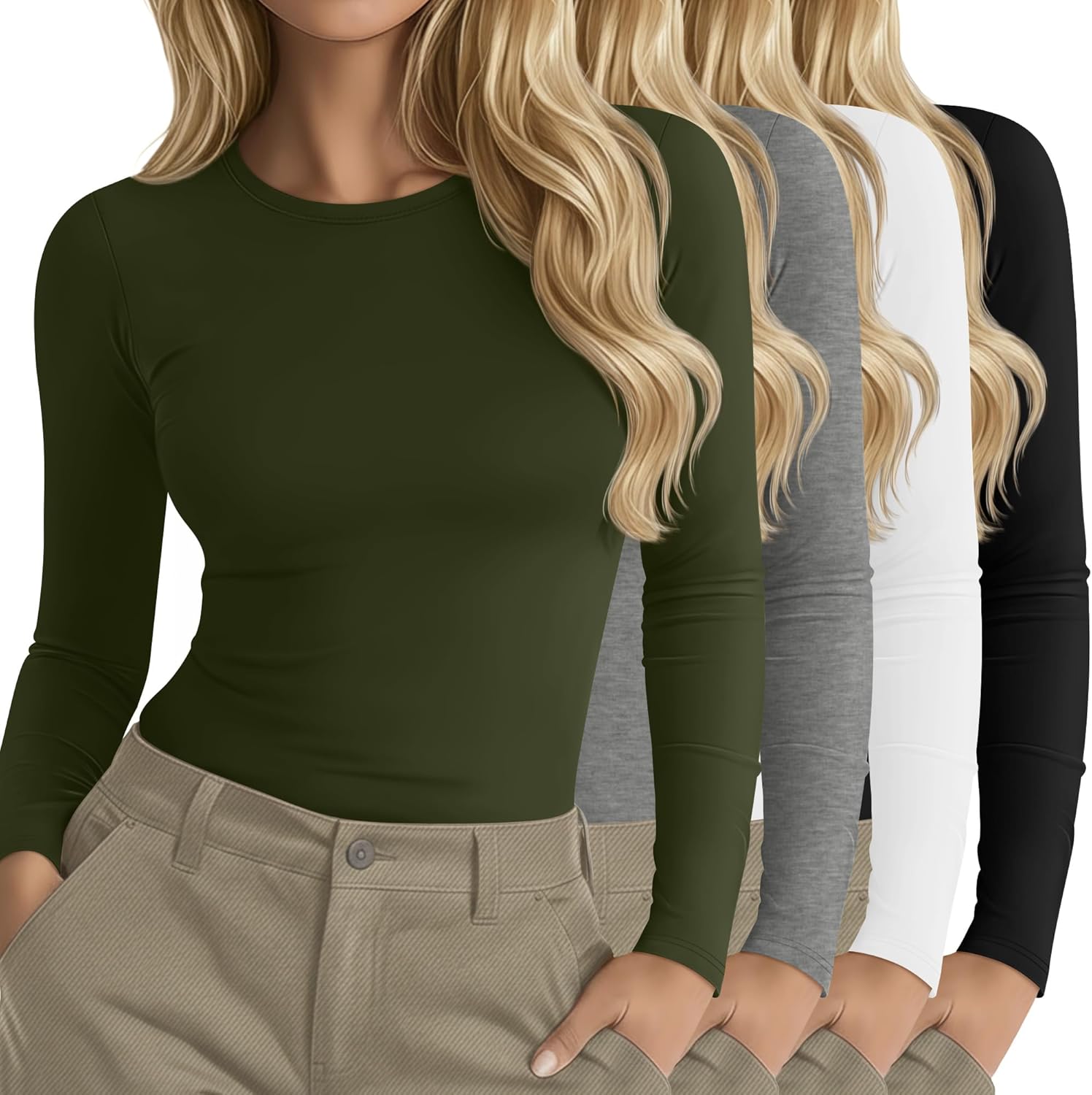 Neer 4 Pack Women's Long Sleeve Shirts Underscrub Crew Neck Slim Fit Undershirts Stretchy Casual Tight Tops