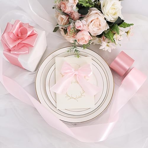 Miniatura 4 de TONIFUL Cinta de satén color oro rosa de 2 pulgadas de ancho de 2 pulgadas x 25 yardas de ancho, rollo de cintas de tela sólida para manualidades,