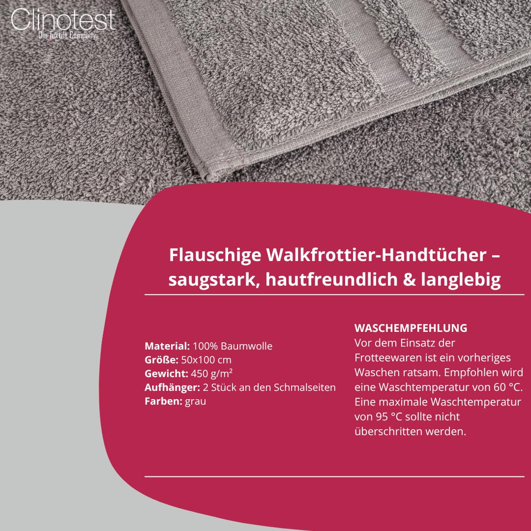 Clinotest 6er Luxus Handtücher-Set 50x100cm – 100% Baumwolle, Hotelqualität, 450g/m² – Weich, Hohe Saugfähigkeit, Langlebig, Schnelltrocknend, Perfekt für Spa, Badezimmer & Hotels, Grau
