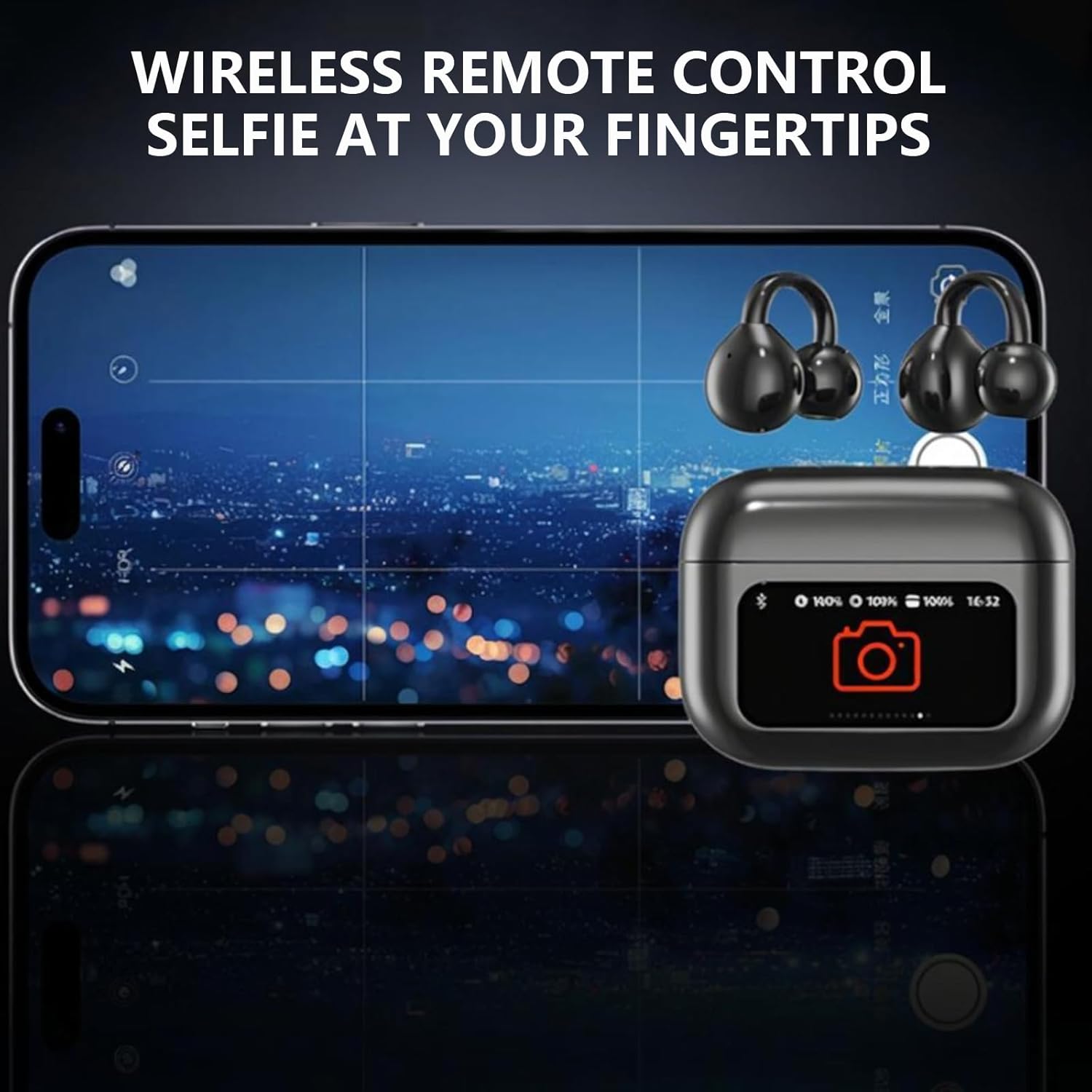 M100 headphones demonstrating wireless remote control for taking selfies