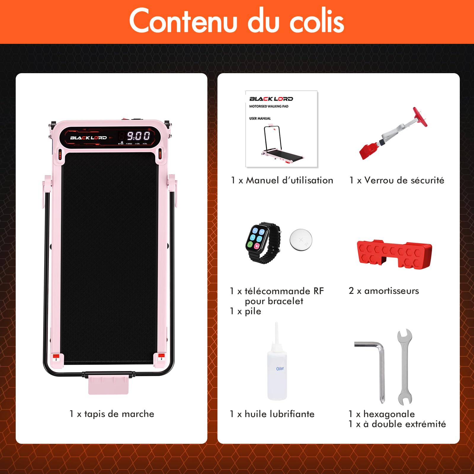BLACK LORD Tapis de Course, Tapis de Marche Bureau, Moteur Silencieux 3.0HP, 130kg capacité, Suivi Bluetooth, 3 Niveaux Inclinaison, Tapis antidérapant,avec poignée,Rose