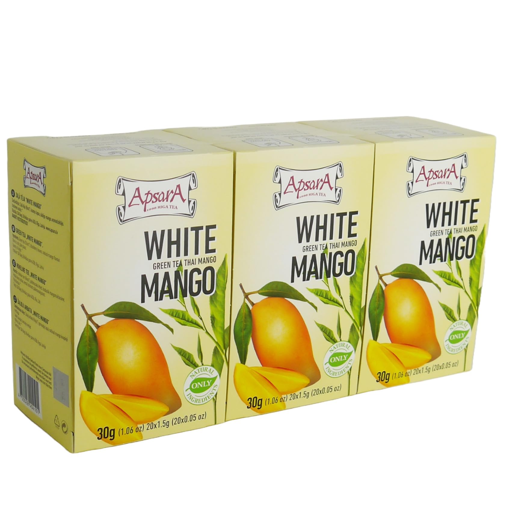 Apsara Premium té de Mango Blanco, juego de 3 (60 bolsitas), té verde y blanco con nota afrutada