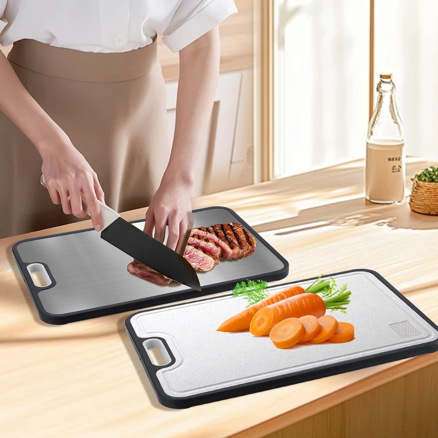 PureTitanium Cutting Boards for Kitchen, Cutting Board Double Sided Food Grade, Titanium/Wheat Straw PP Chopping Board with Juice Groove,Large Size 15.6"×10.6",Dishwasher Safe, Easy to Clean