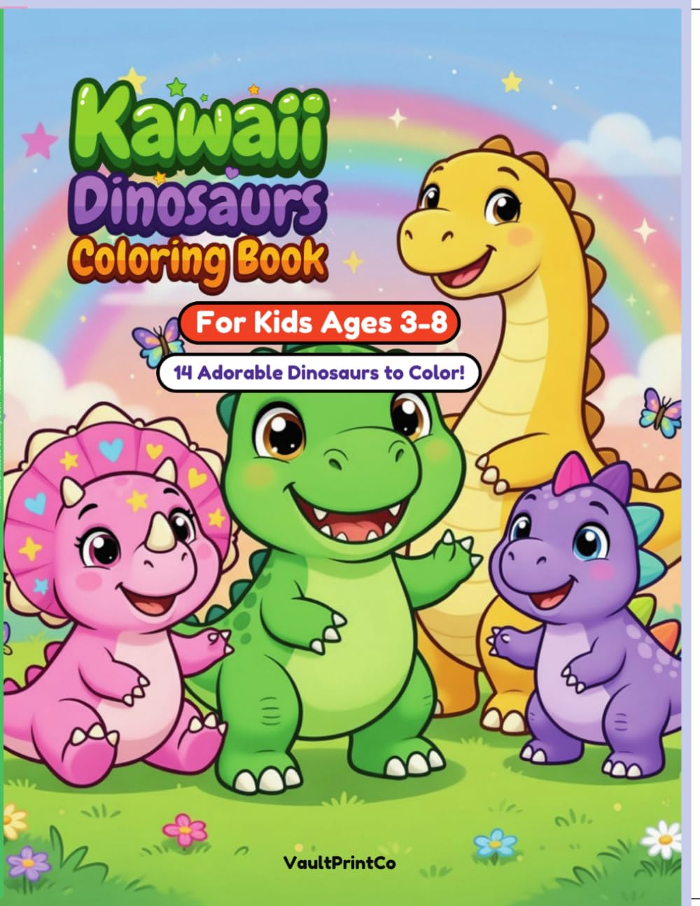 Kawaii Dinosaurs Coloring Book: For Kids Ages 3-8 | 14 Adorable Dinosaurs to Color