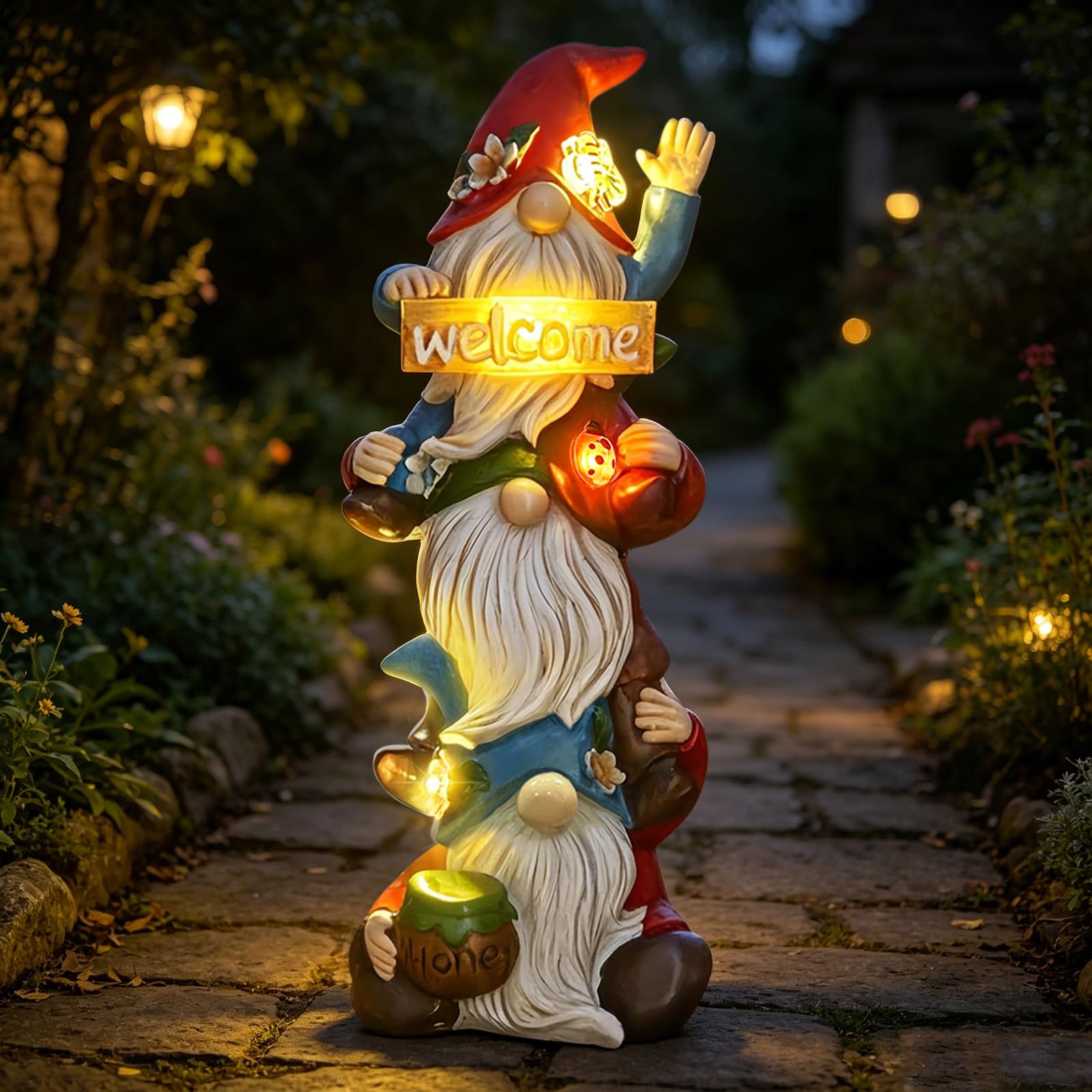 Estatua de gnomo de jardín, luces solares, divertidas esculturas de gnomos triples sin rostro, decoraciones de primavera, porche al aire libre, patio, césped, patio, balcón, decoración del hogar