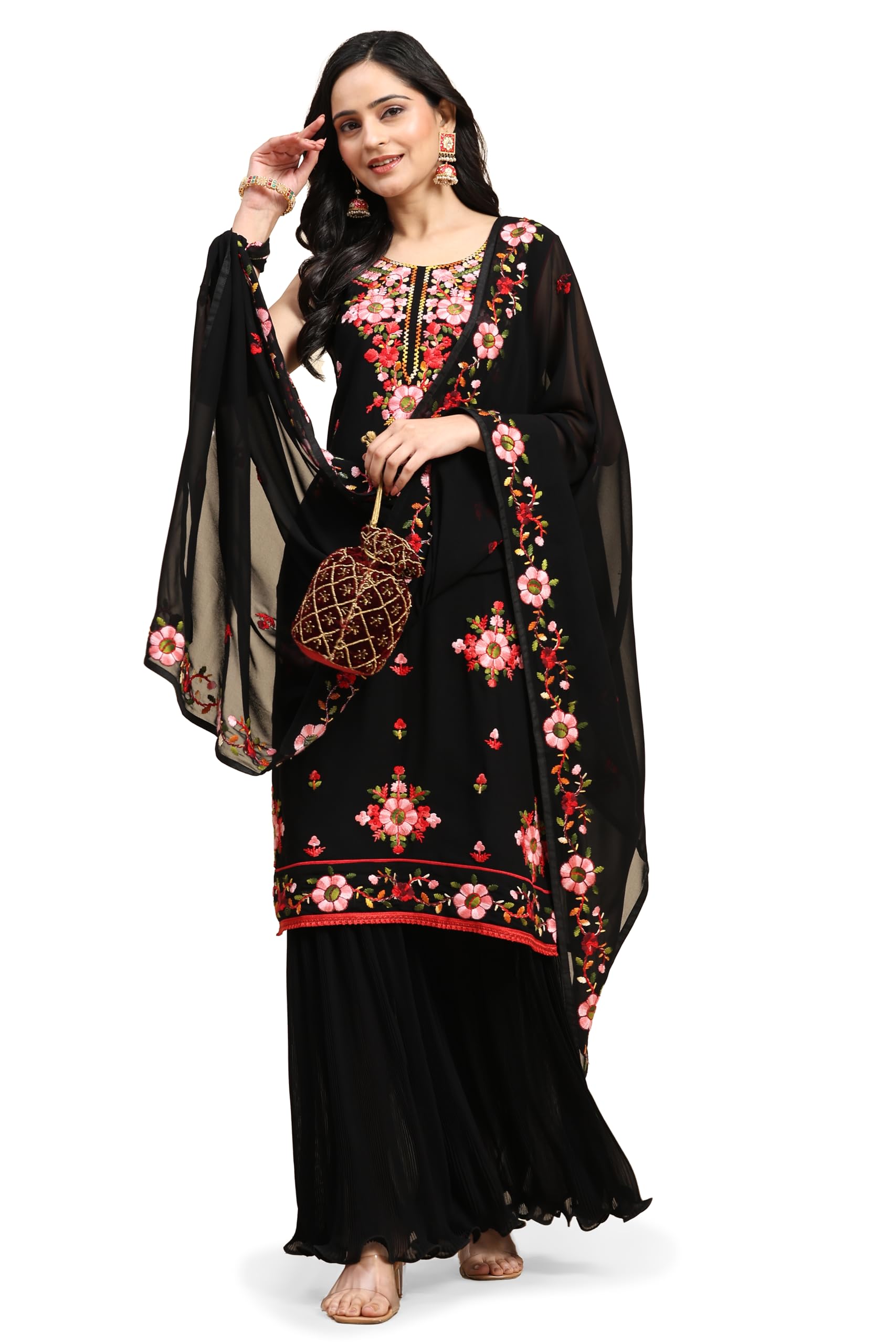 TRENDMALLSWomen's Georgette Long Stitch Floral Embroidery Salwar Suit Set Kurta Sharara with Dupatta Black Kurta Set for Women