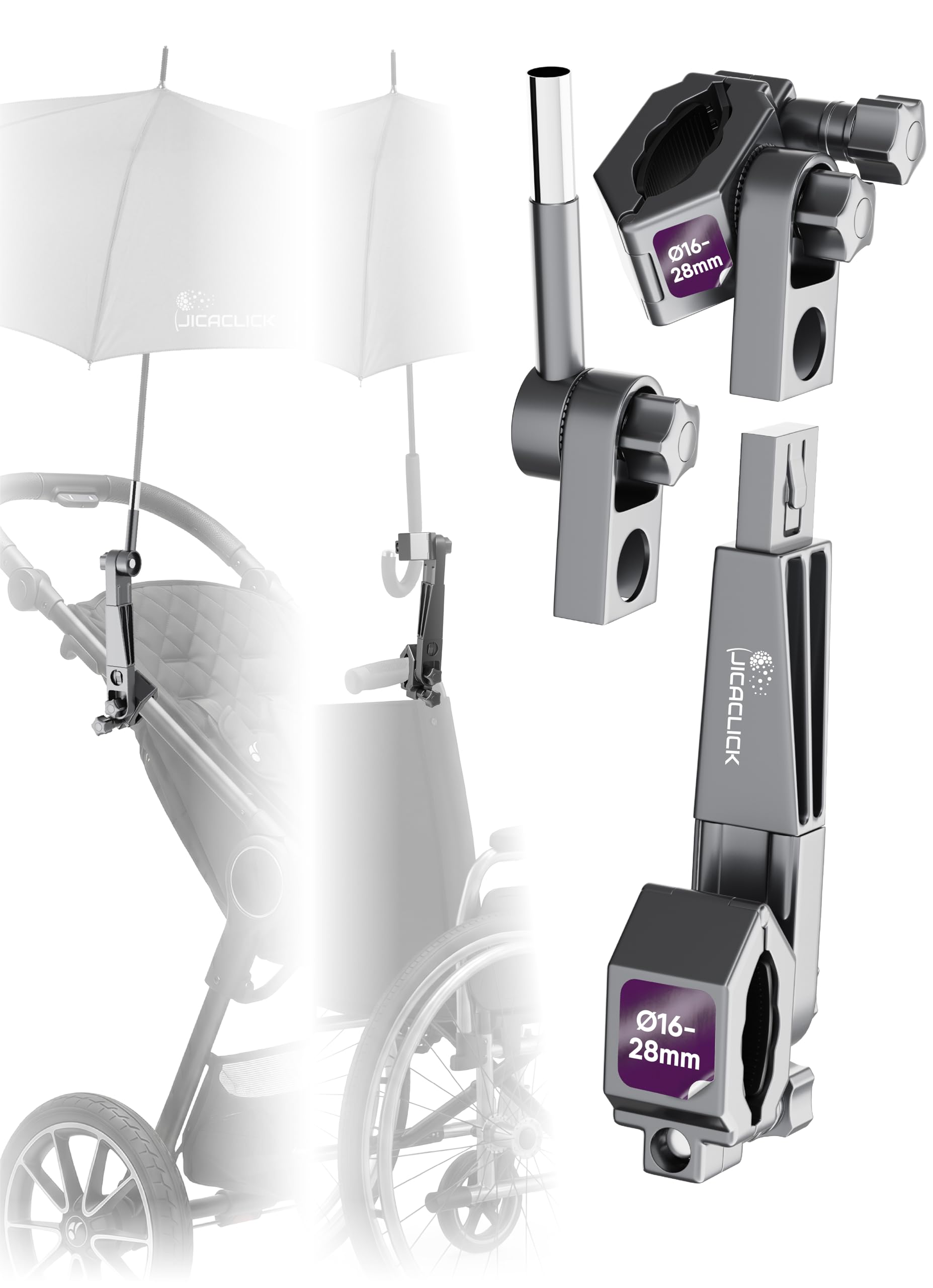 Soporte Paraguas Carro Bebe Andador Universal Con Accesorio Porta Parasol 2 En 1 para Silla de Rueda Bicicleta 16-28 mm Carrito Golf Scooter Facil Instalar Sin Manos Ajustable Giratorio Firme y Lluvia