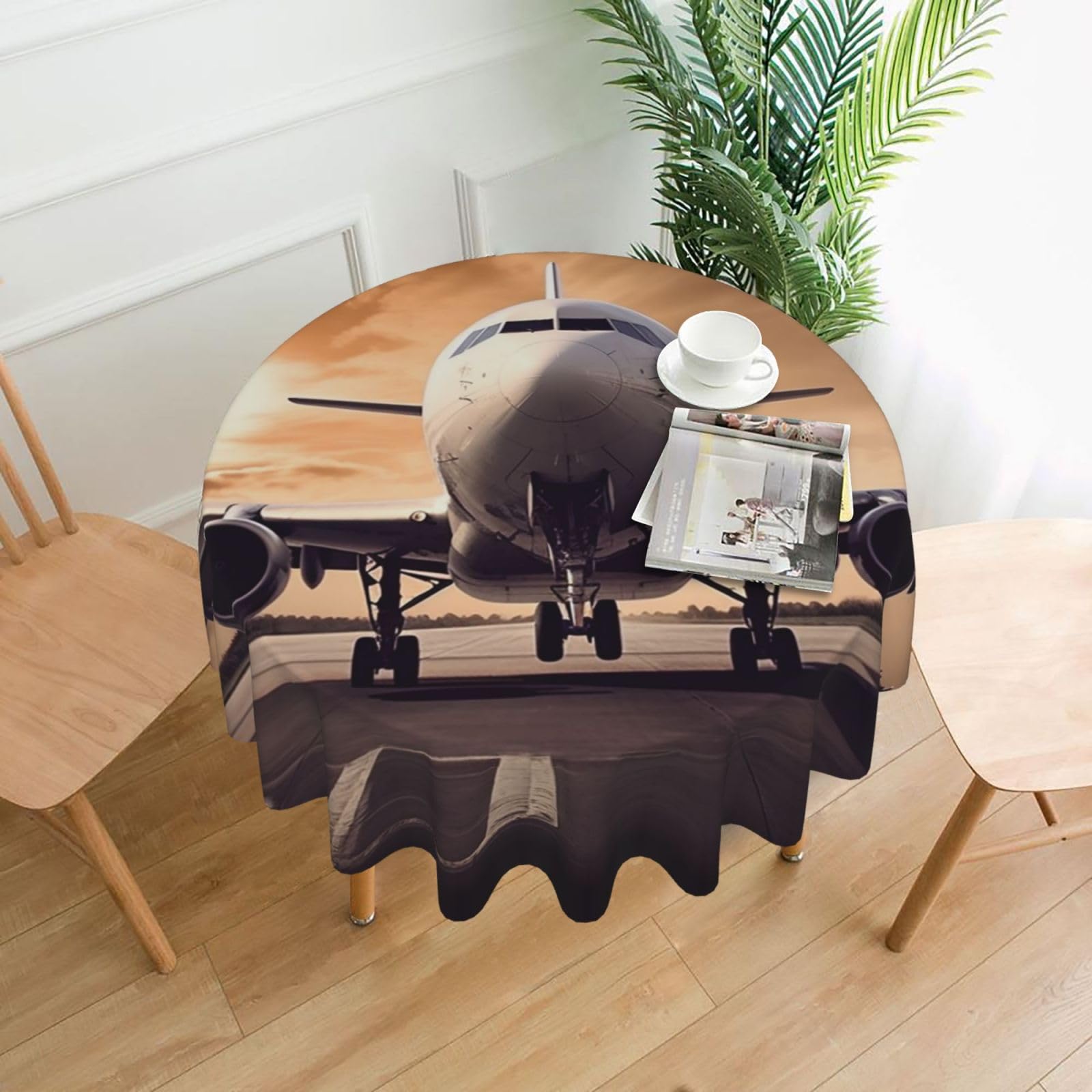 FodPand Airplane Tablecloths for Round Tables 60 Inch - Reusable Washable Dining Table Clothes - Stain and Wrinkle Resistant Decorative Fabric Table Cover for Wedding Party