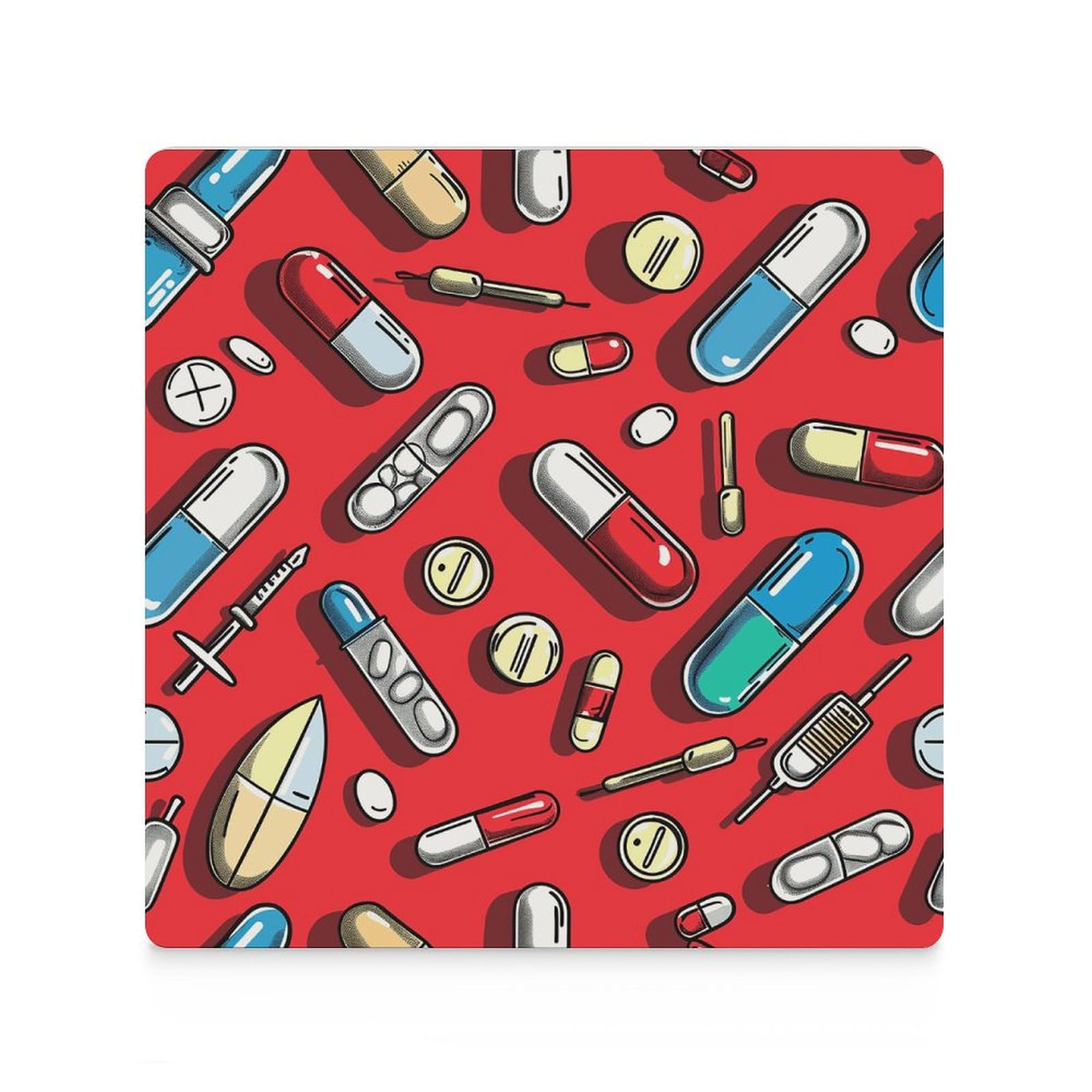 4 posavasos cuadrados de cerámica para bebidas, patrón de píldoras rojas, posavasos impresos para el hogar y el café, regalos de cumpleaños, adecuados para tipos de tazas