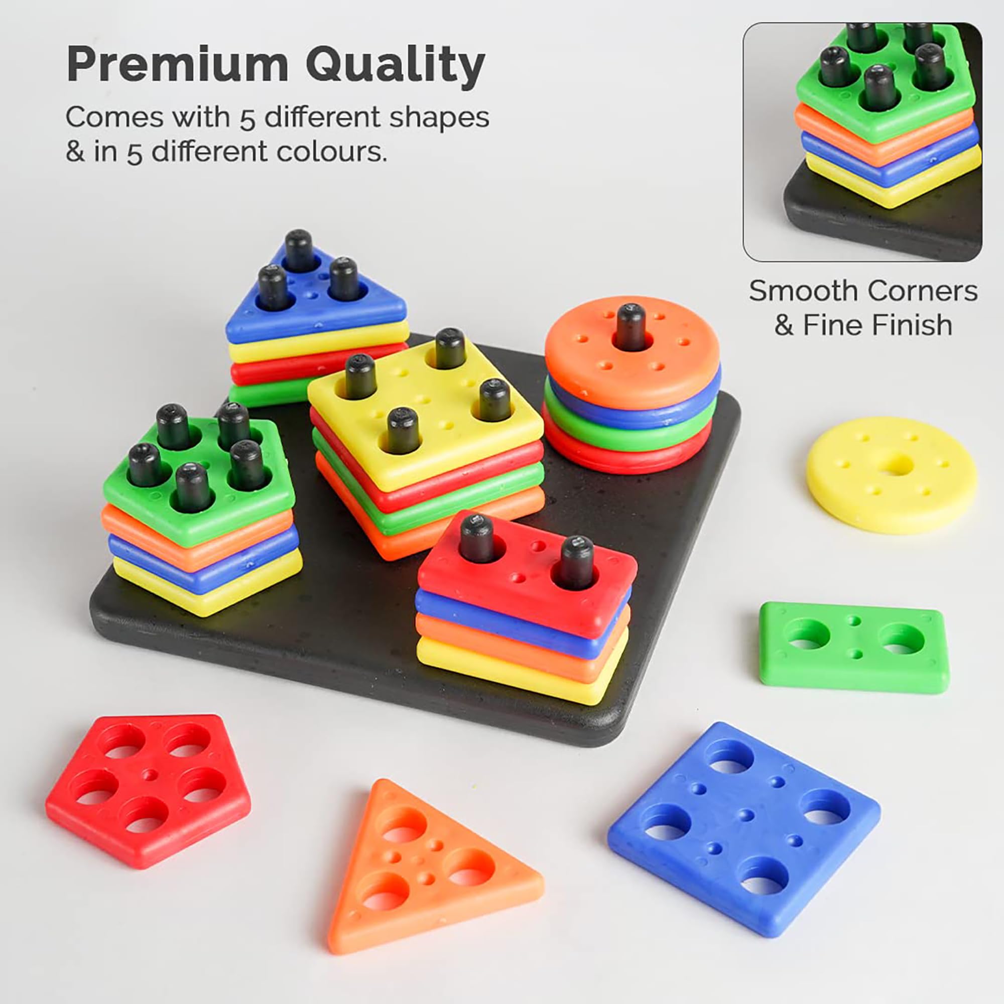 RAINBOW RIDERS® Square Shape Stacker Puzzle Game for Kids Geometric Shapes Circle Triangle Rectangle Square Pentagon Sorting & Stacking Educational Toy Shapes & Colour Recognition 3