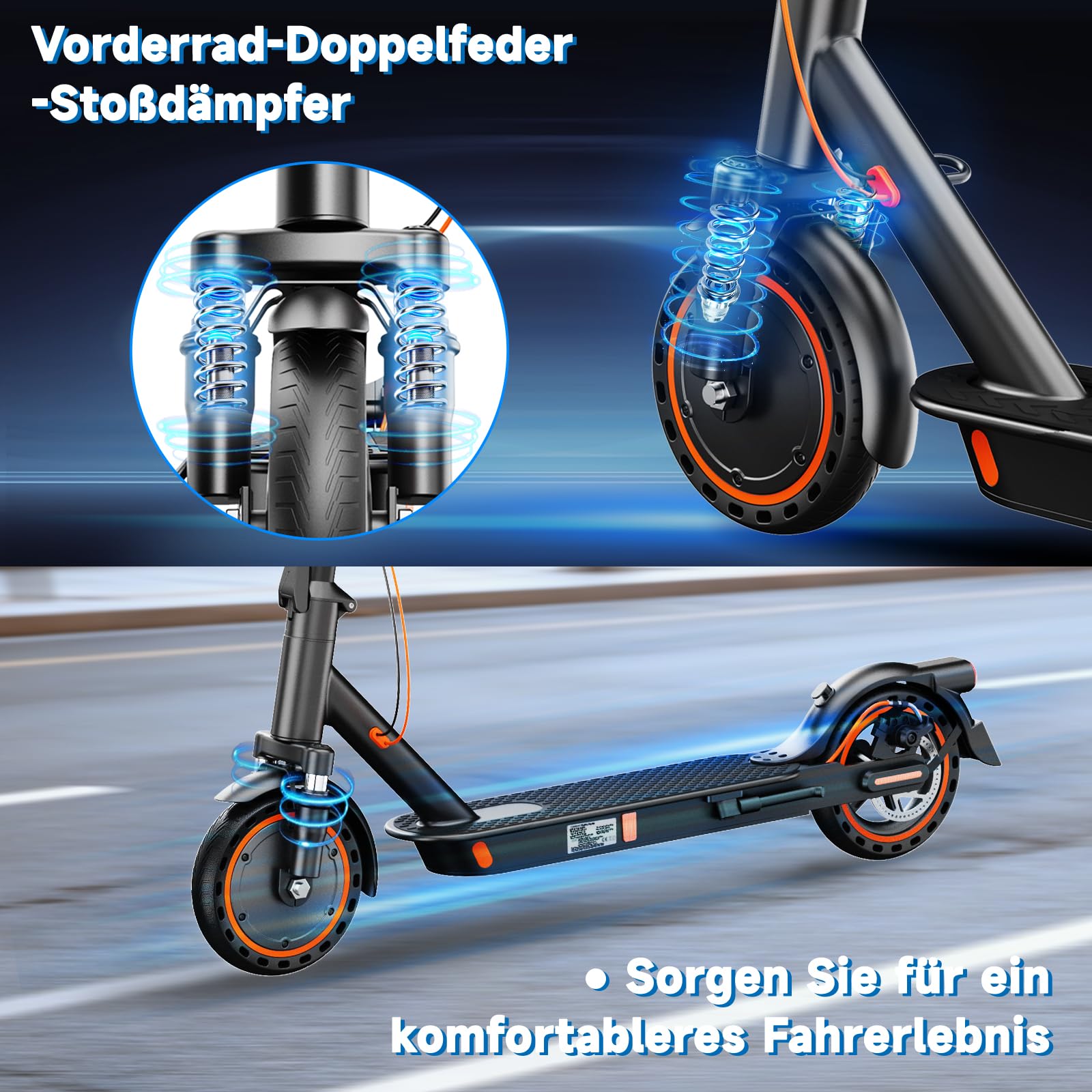 TODIMART E Scooter mit Straßenzulassung T6 DE Mit App, 35KM Reichweite, E Roller mit Doppelbremsen und Doppelfederungssystem, 120kg Tragkraft, Faltbarer Elektroscooter, 8,5 Fuß große Vollgummireifen