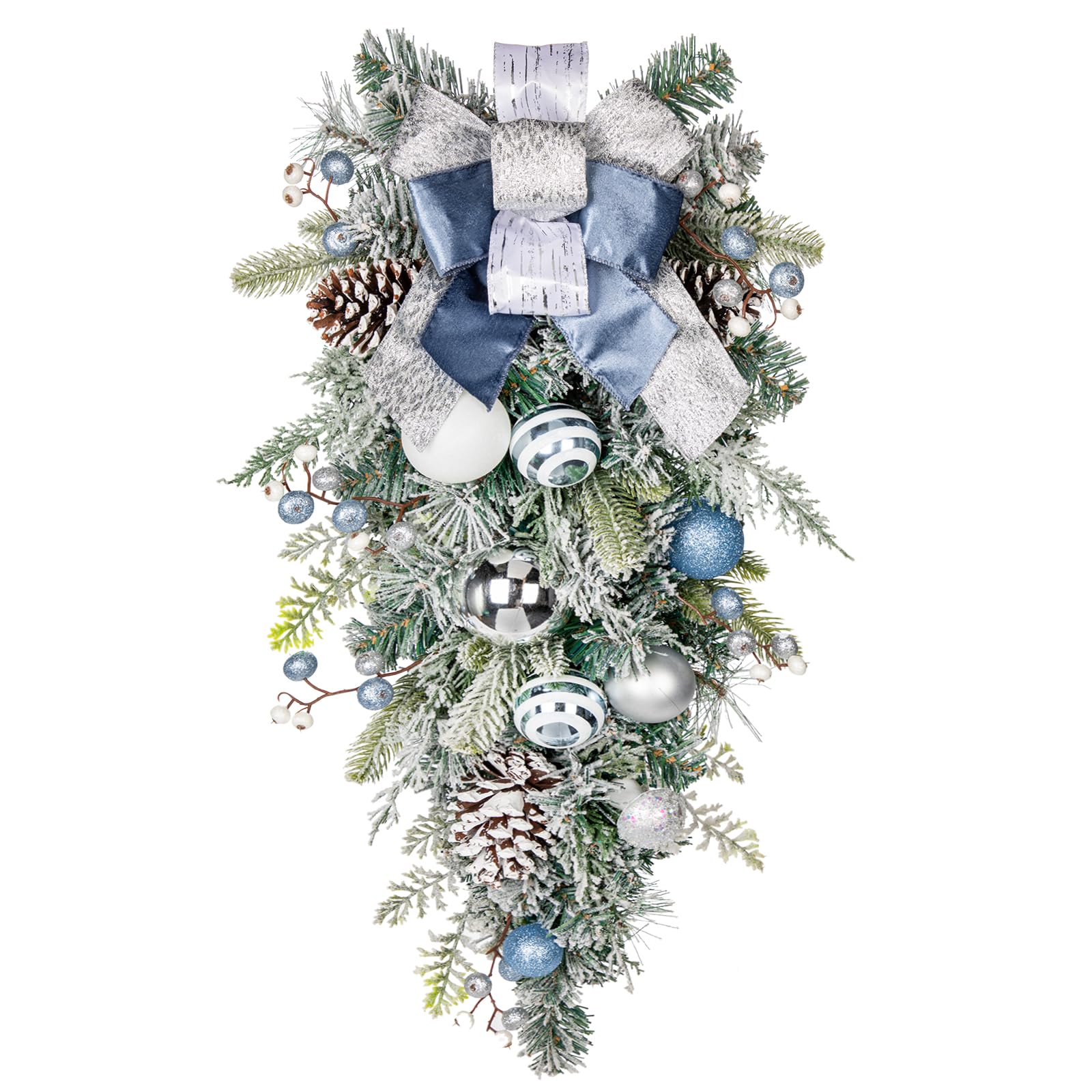 Weihnachtsdeko Tropfen Girlande für Weihnachten - Blau-Silbere Weihnachten Teardrop Swag mit Weihnachtskugeln, Beeren, Tannenzapfen und Schleife, Weihnachtsdeko, Höhe 76CM