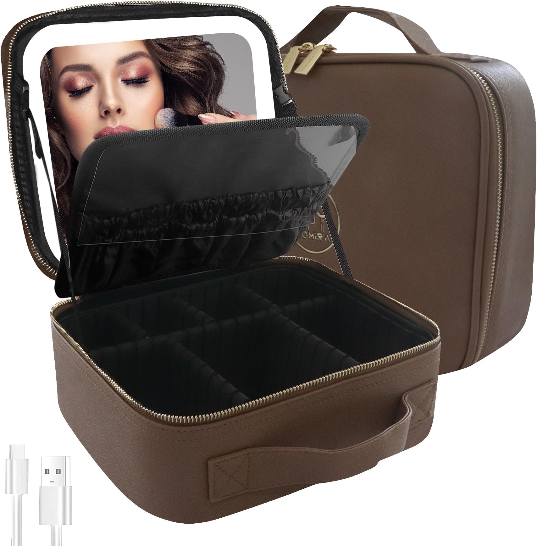 MOMIRATravel Makeup Bag Cosmetic Bag Makeup Organizer Bag with Lighted Mirror, Adjustable Brightness in 3 Color Scenarios, Waterproof Makeup Train Case, Gift for Women - Brown